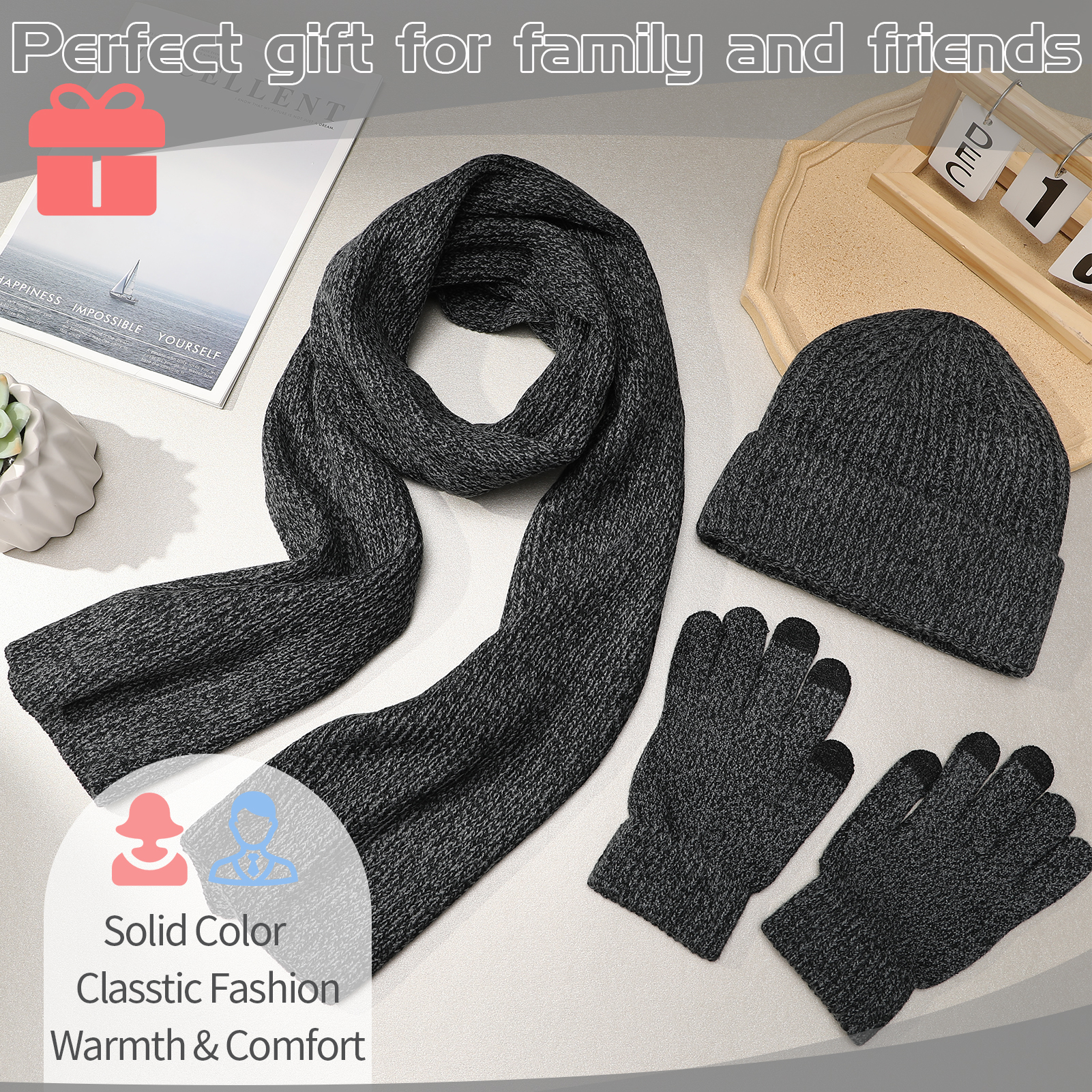 Bocaoying 3 in 1 Set Winter Hat Scarf Gloves, Unisex Winter Set for Men and Women with Touch Screen Gloves, Warm Lined Beanie, Soft Flexible Scarf, Ideal Scarf Set for Holiday, Birthday Gift, Grey