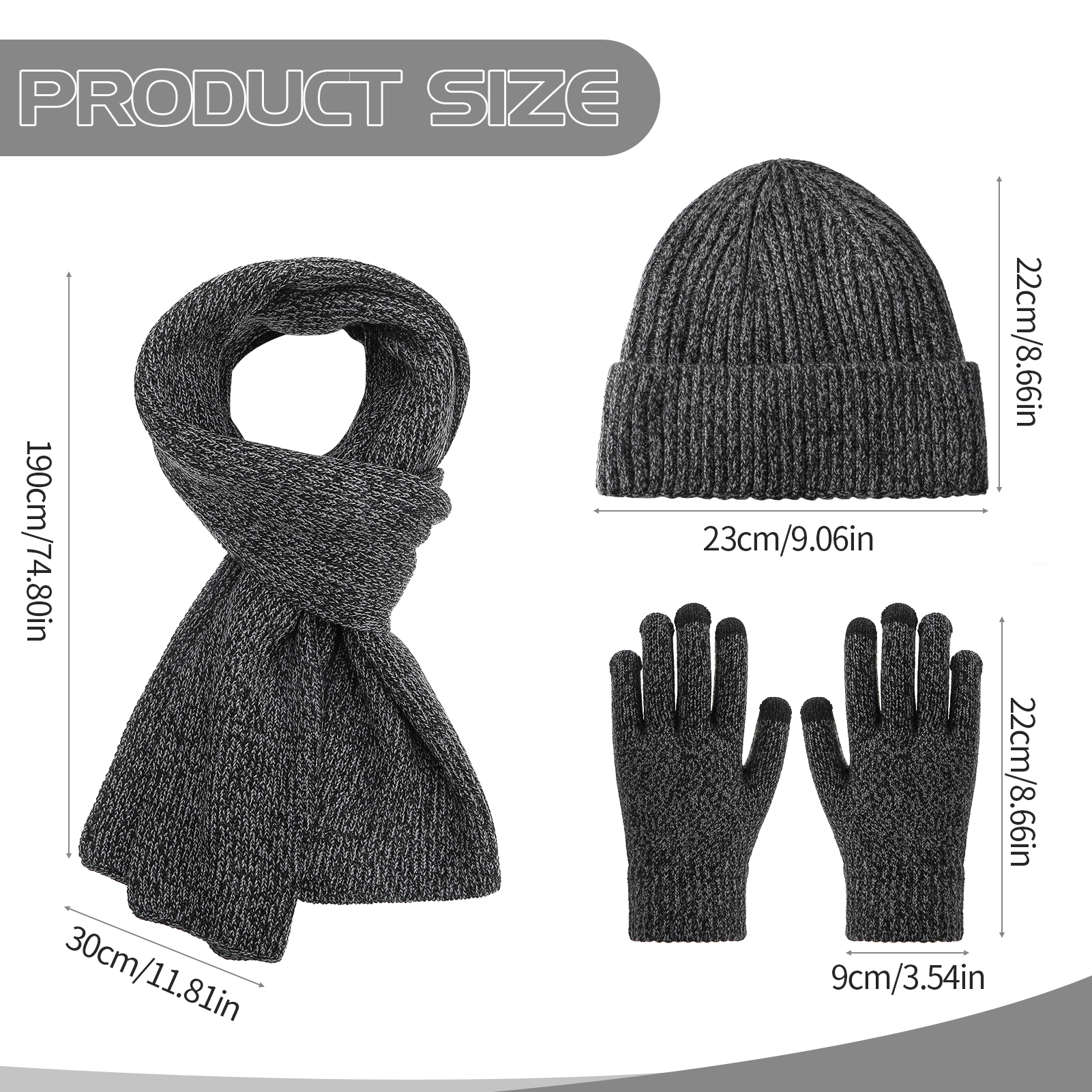 Bocaoying 3 in 1 Set Winter Hat Scarf Gloves, Unisex Winter Set for Men and Women with Touch Screen Gloves, Warm Lined Beanie, Soft Flexible Scarf, Ideal Scarf Set for Holiday, Birthday Gift, Grey
