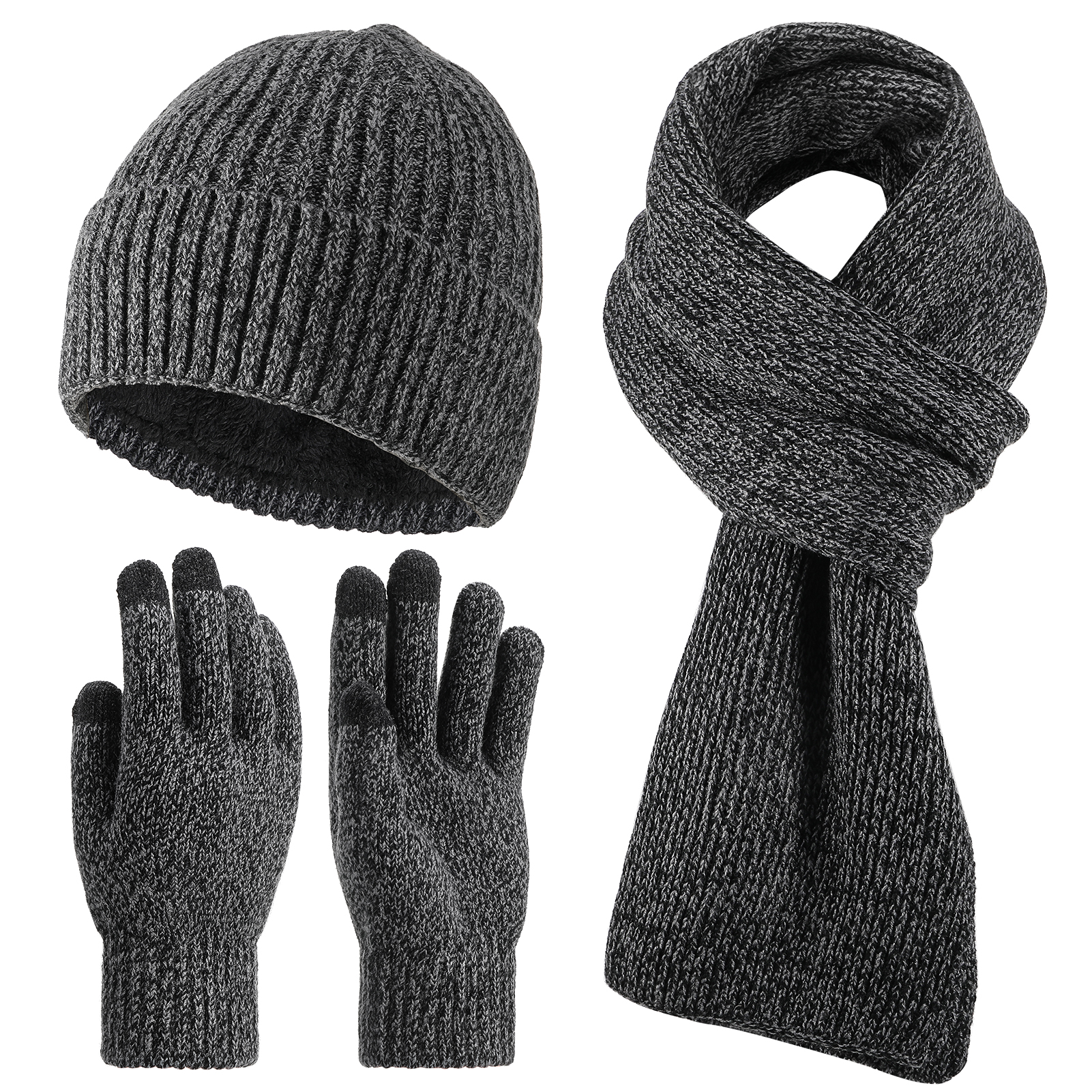 Bocaoying 3 in 1 Set Winter Hat Scarf Gloves, Unisex Winter Set for Men and Women with Touch Screen Gloves, Warm Lined Beanie, Soft Flexible Scarf, Ideal Scarf Set for Holiday, Birthday Gift, Grey