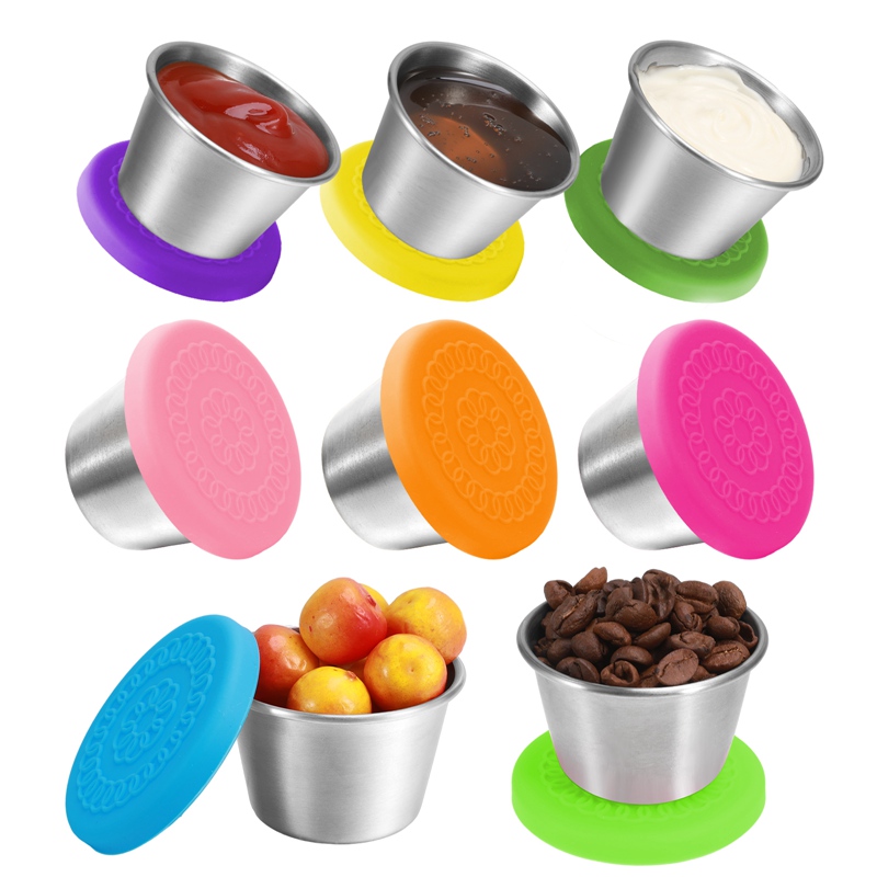 Bocaoying 8 Pack Salad Dressing Container To Go, 2.4 oz/70ml Reusable Small Condiment Containers with Lids, Leakproof Silicone Lids Stainless Steel Sauce Cups Containers for Lunch Box, Picnic, Travel
