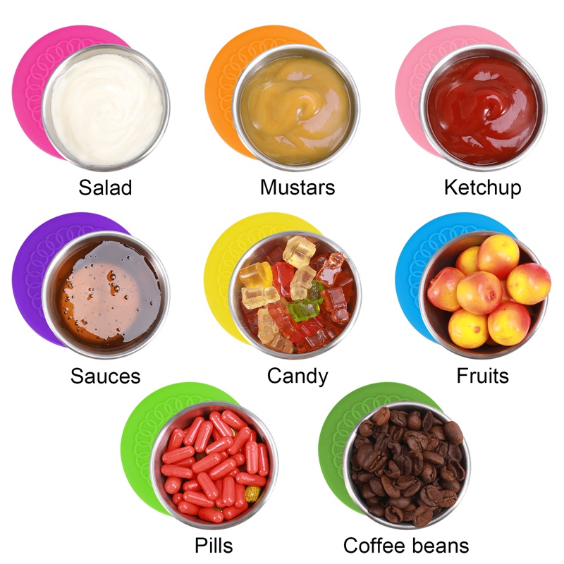 Bocaoying 8 Pack Salad Dressing Container To Go, 2.4 oz/70ml Reusable Small Condiment Containers with Lids, Leakproof Silicone Lids Stainless Steel Sauce Cups Containers for Lunch Box, Picnic, Travel