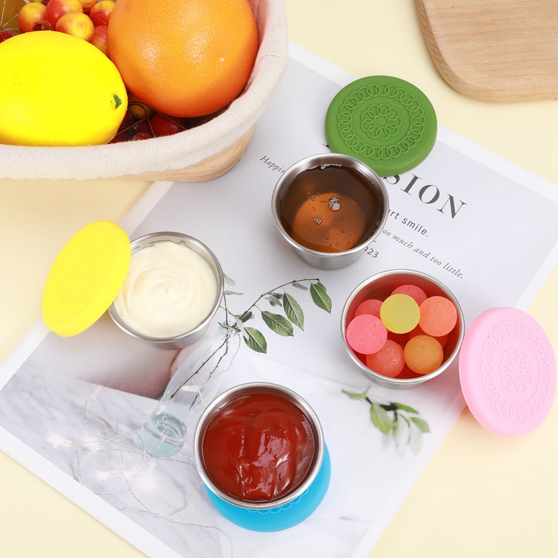 Bocaoying 8 Pack Salad Dressing Container To Go, 2.4 oz/70ml Reusable Small Condiment Containers with Lids, Leakproof Silicone Lids Stainless Steel Sauce Cups Containers for Lunch Box, Picnic, Travel