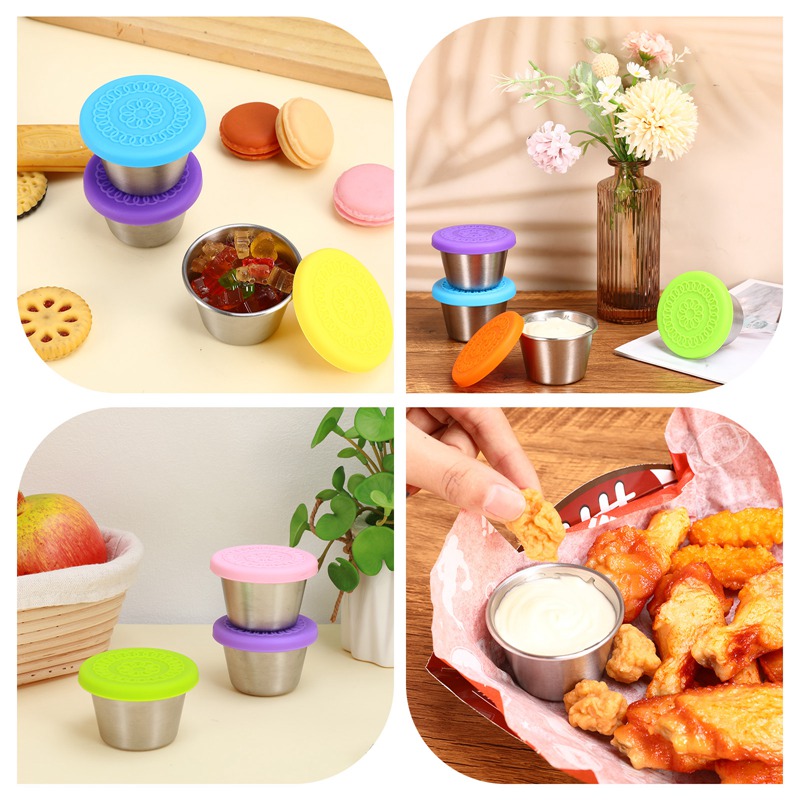 Bocaoying 8 Pack Salad Dressing Container To Go, 2.4 oz/70ml Reusable Small Condiment Containers with Lids, Leakproof Silicone Lids Stainless Steel Sauce Cups Containers for Lunch Box, Picnic, Travel