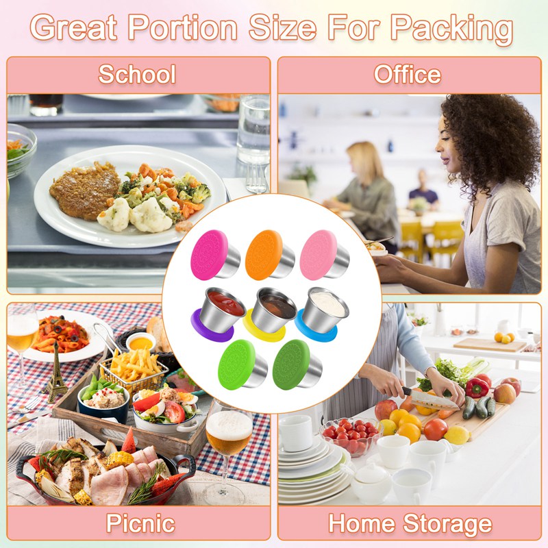 Bocaoying 8 Pack Salad Dressing Container To Go, 2.4 oz/70ml Reusable Small Condiment Containers with Lids, Leakproof Silicone Lids Stainless Steel Sauce Cups Containers for Lunch Box, Picnic, Travel