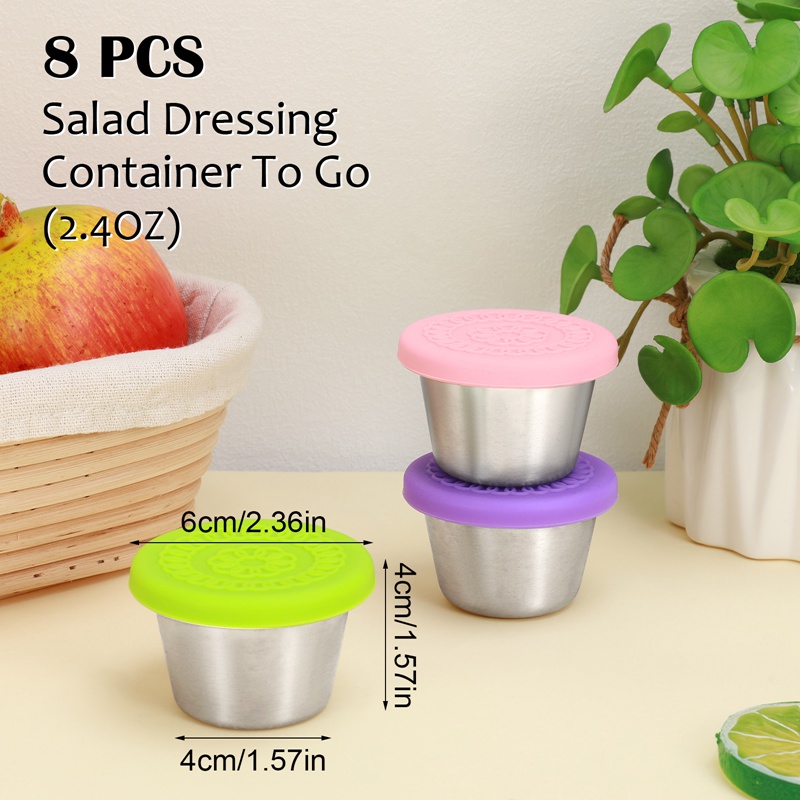 Bocaoying 8 Pack Salad Dressing Container To Go, 2.4 oz/70ml Reusable Small Condiment Containers with Lids, Leakproof Silicone Lids Stainless Steel Sauce Cups Containers for Lunch Box, Picnic, Travel