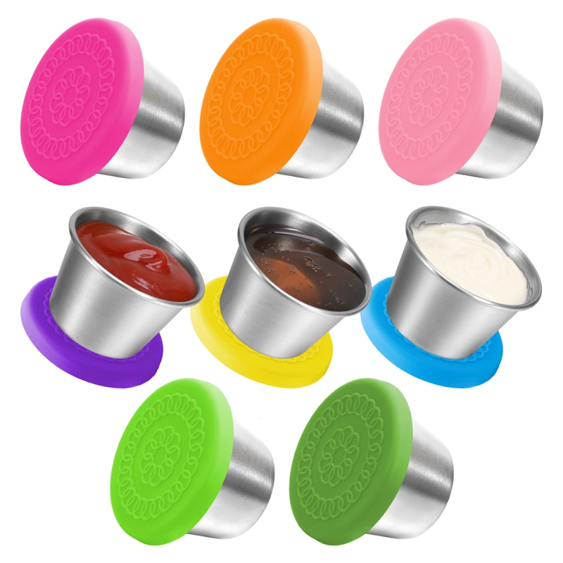 Bocaoying 8 Pack Salad Dressing Container To Go, 2.4 oz/70ml Reusable Small Condiment Containers with Lids, Leakproof Silicone Lids Stainless Steel Sauce Cups Containers for Lunch Box, Picnic, Travel