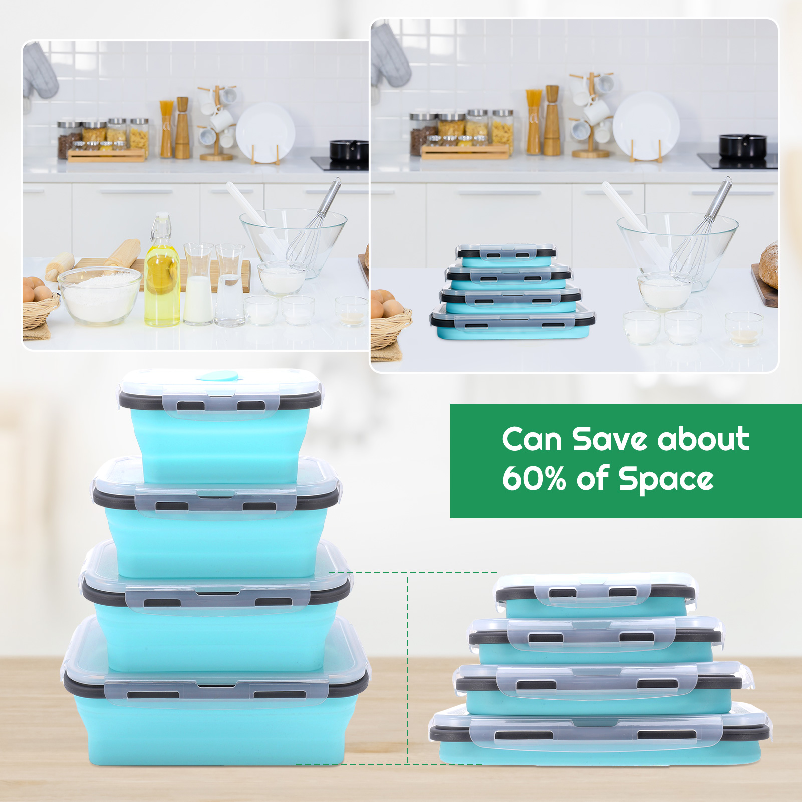 Bocaoying 4 Pack Silicone Collapsible Bowls with Airtight Lids, Collapsible Food Storage Containers, Foldable Lunch Bowls for Kitchen Travel Camping Microwave and Freezer Safe