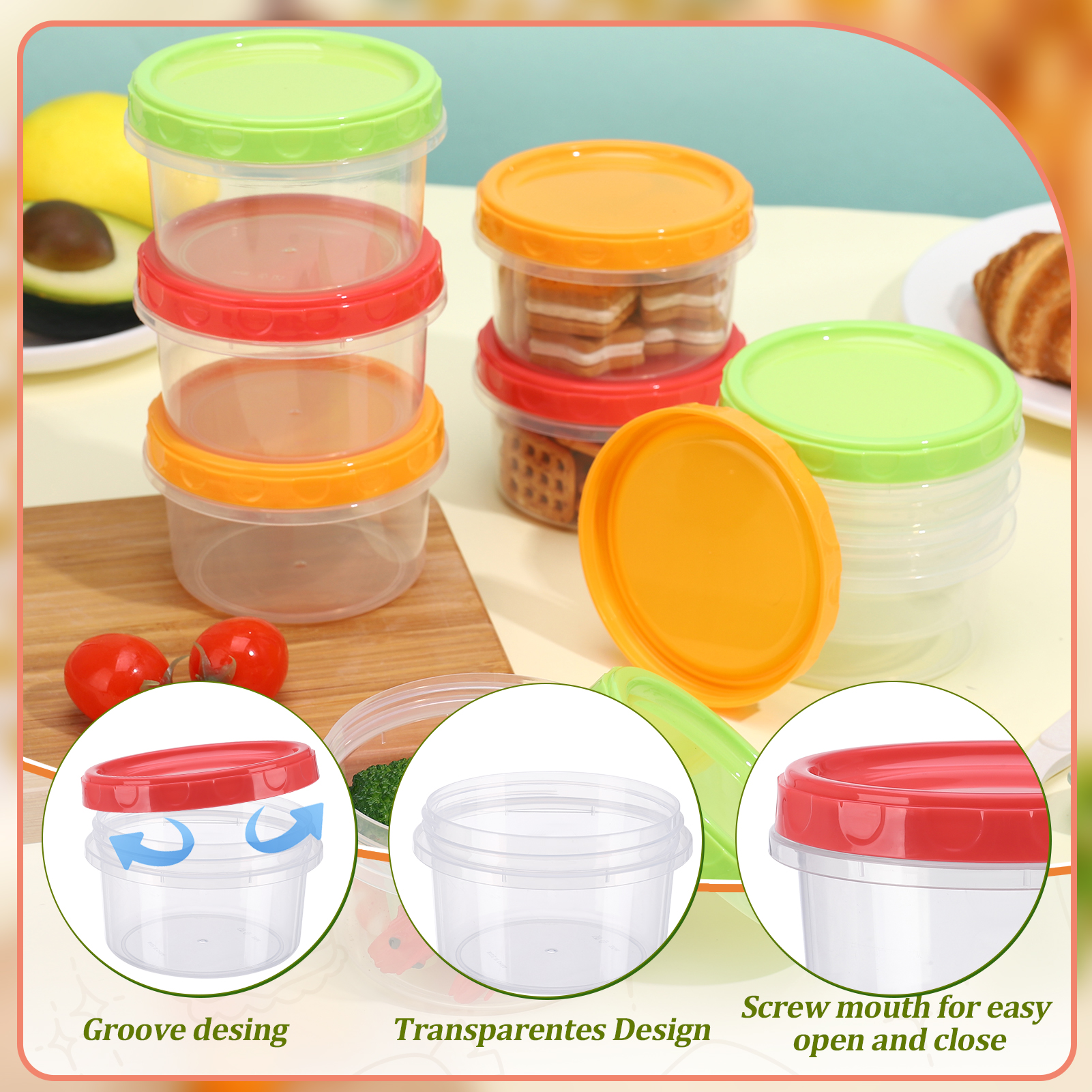 Topekada 12 Pack 8 oz Plastic Containers with Lids, Heatable Clear Food Storage Container, Reusable Jars with Lid, Small Freezer Containers for Storing Vegetable Fruit Snack Jam (Red Yellow Green)