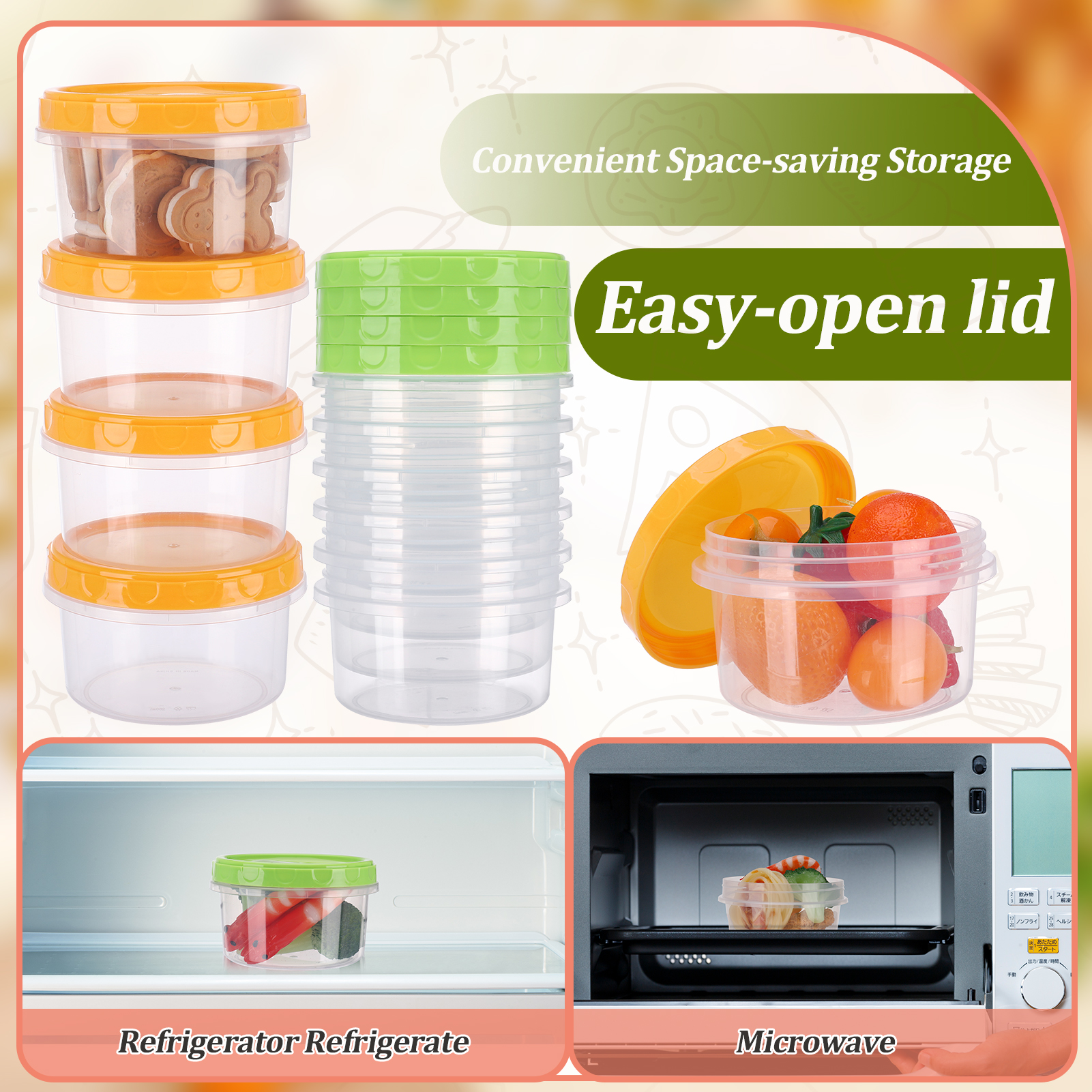 Topekada 12 Pack 8 oz Plastic Containers with Lids, Heatable Clear Food Storage Container, Reusable Jars with Lid, Small Freezer Containers for Storing Vegetable Fruit Snack Jam (Red Yellow Green)