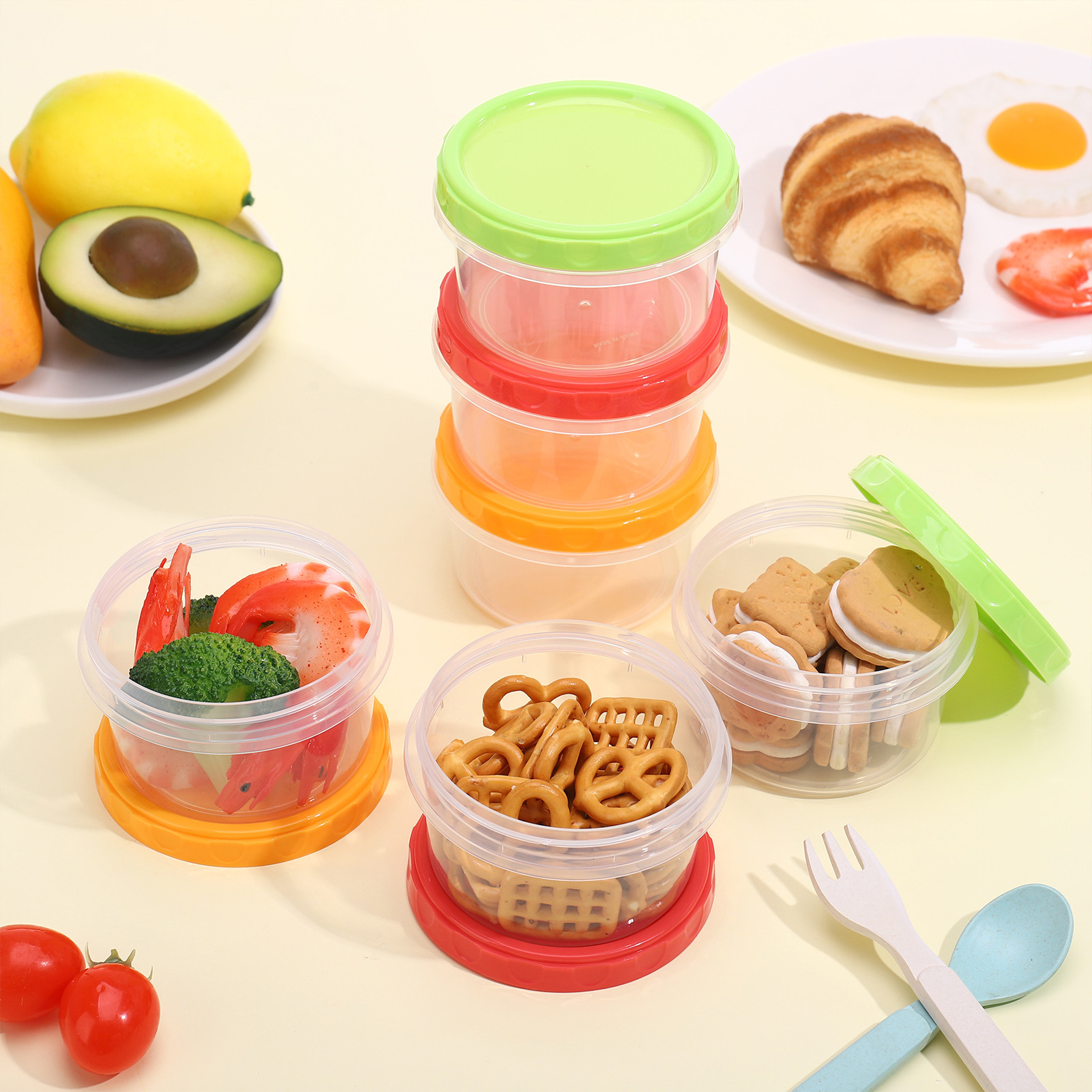 Topekada 12 Pack 8 oz Plastic Containers with Lids, Heatable Clear Food Storage Container, Reusable Jars with Lid, Small Freezer Containers for Storing Vegetable Fruit Snack Jam (Red Yellow Green)