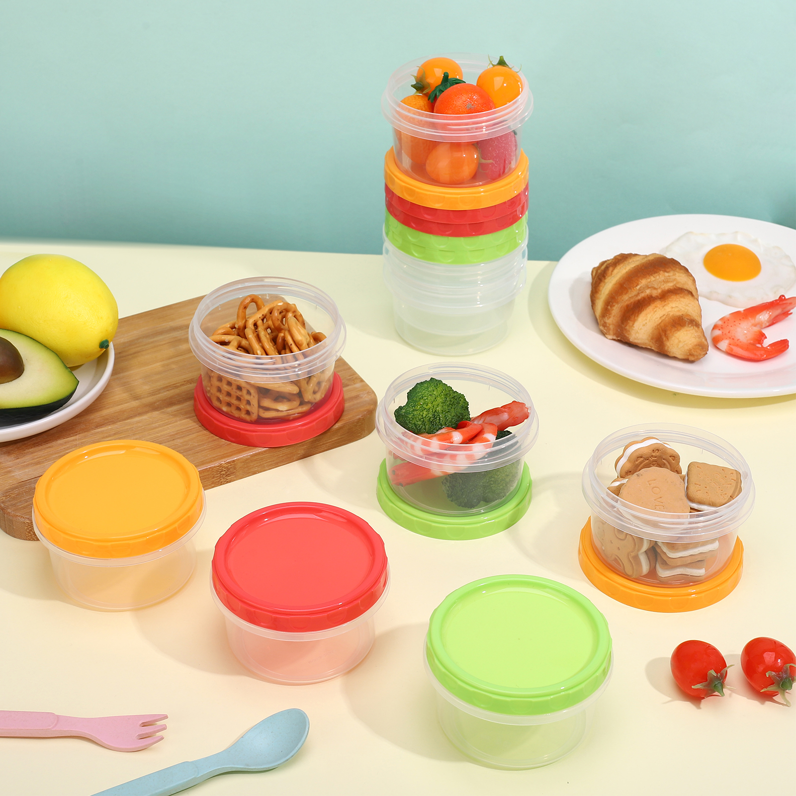 Topekada 12 Pack 8 oz Plastic Containers with Lids, Heatable Clear Food Storage Container, Reusable Jars with Lid, Small Freezer Containers for Storing Vegetable Fruit Snack Jam (Red Yellow Green)