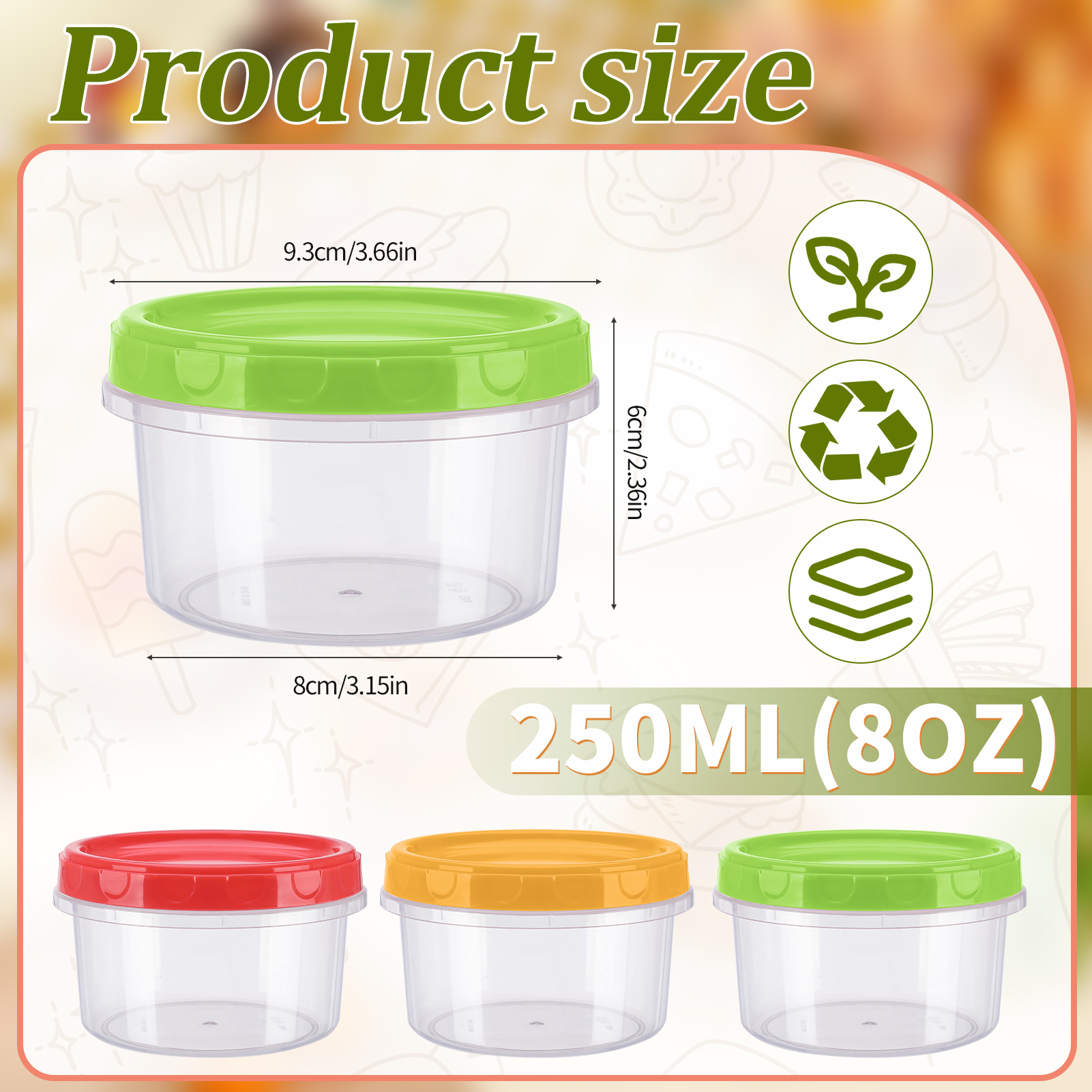 Topekada 12 Pack 8 oz Plastic Containers with Lids, Heatable Clear Food Storage Container, Reusable Jars with Lid, Small Freezer Containers for Storing Vegetable Fruit Snack Jam (Red Yellow Green)