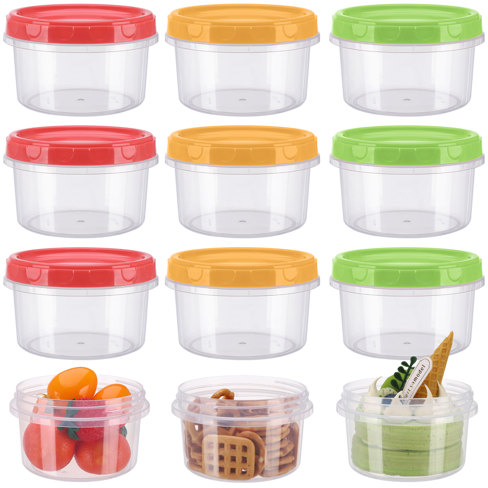 Topekada 12 Pack 8 oz Plastic Containers with Lids, Heatable Clear Food Storage Container, Reusable Jars with Lid, Small Freezer Containers for Storing Vegetable Fruit Snack Jam (Red Yellow Green)