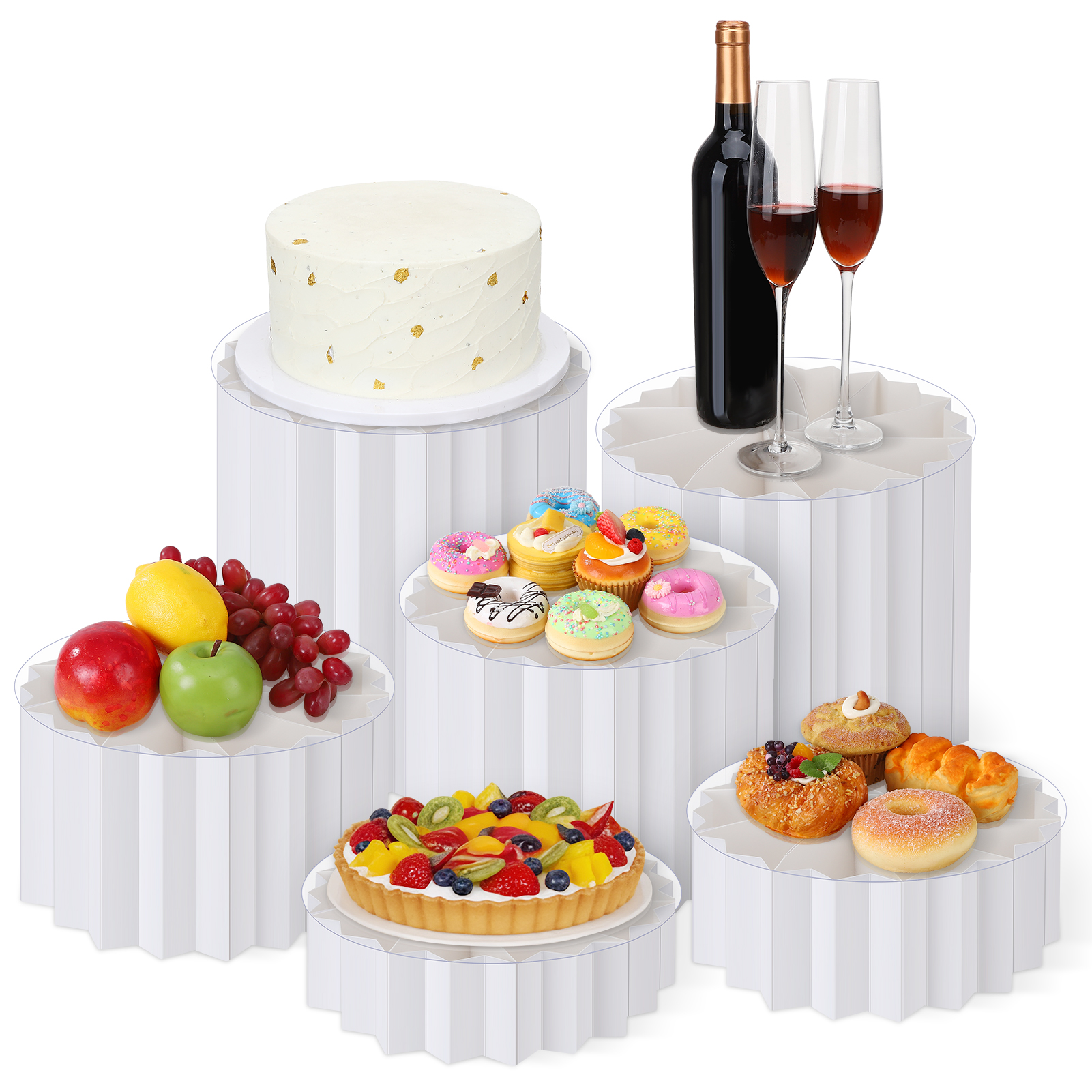 Topekada 6 Pack Cylinder Cake Stands, Foldable Cupcake Display Risers, Acrylic and Cardboard Food Dessert Buffet Risers Set for Wedding, Birthday, Party Decoration, Multi-Level