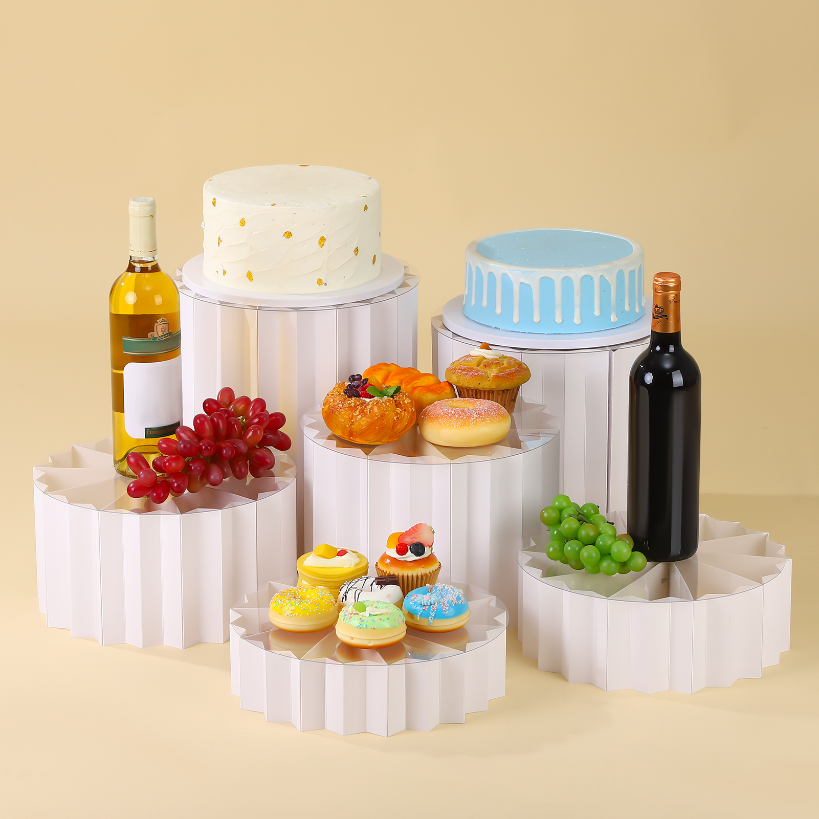 Topekada 6 Pack Cylinder Cake Stands, Foldable Cupcake Display Risers, Acrylic and Cardboard Food Dessert Buffet Risers Set for Wedding, Birthday, Party Decoration, Multi-Level