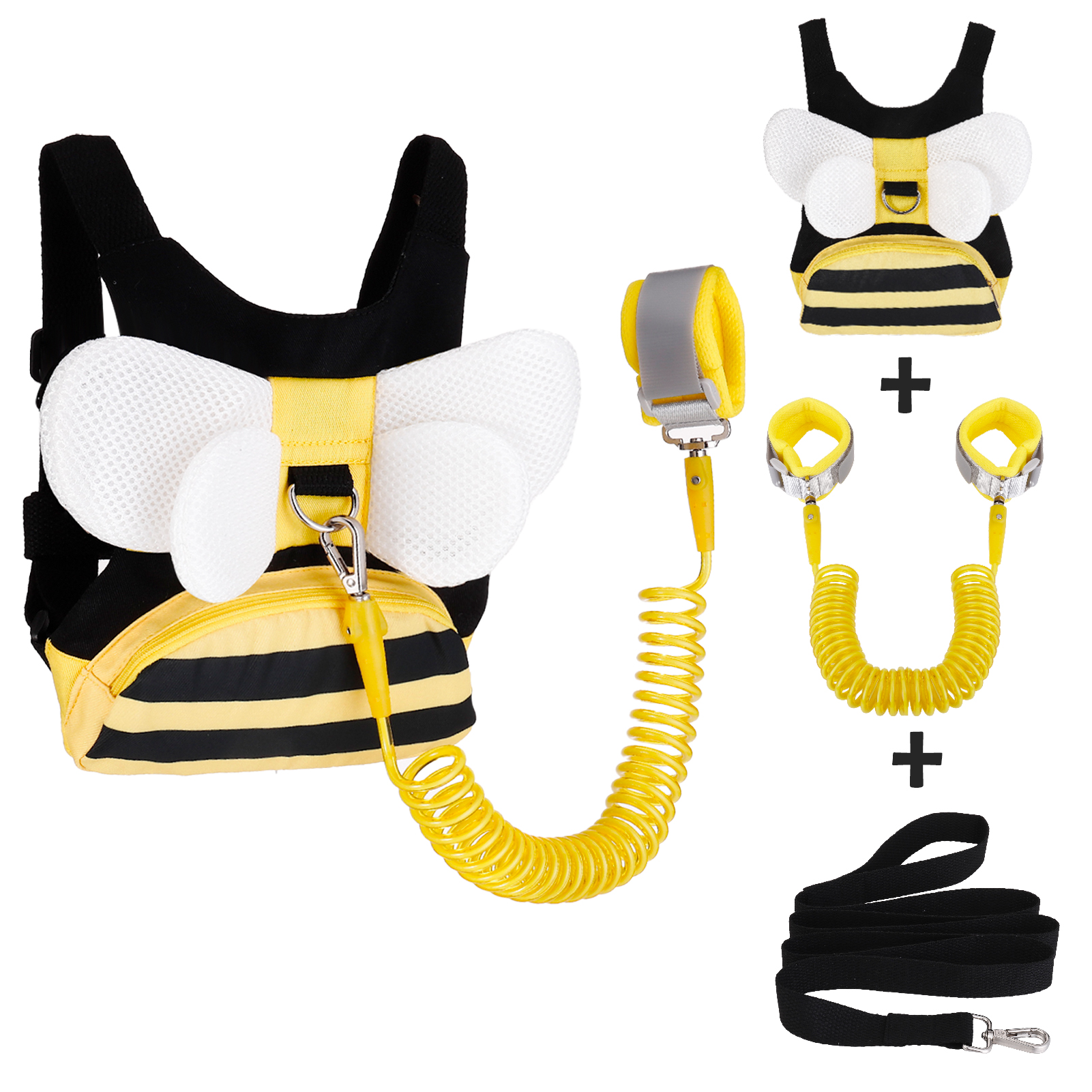 sixwipe 3 in 1 Toddler Harness Leashes + Anti Lost Wrist Link, Cute Bee Kids Harness Backpack with Leash, Child Harness Leash Safety Wristband Strap Belt Protector for Baby Boys Girls to Outdoor