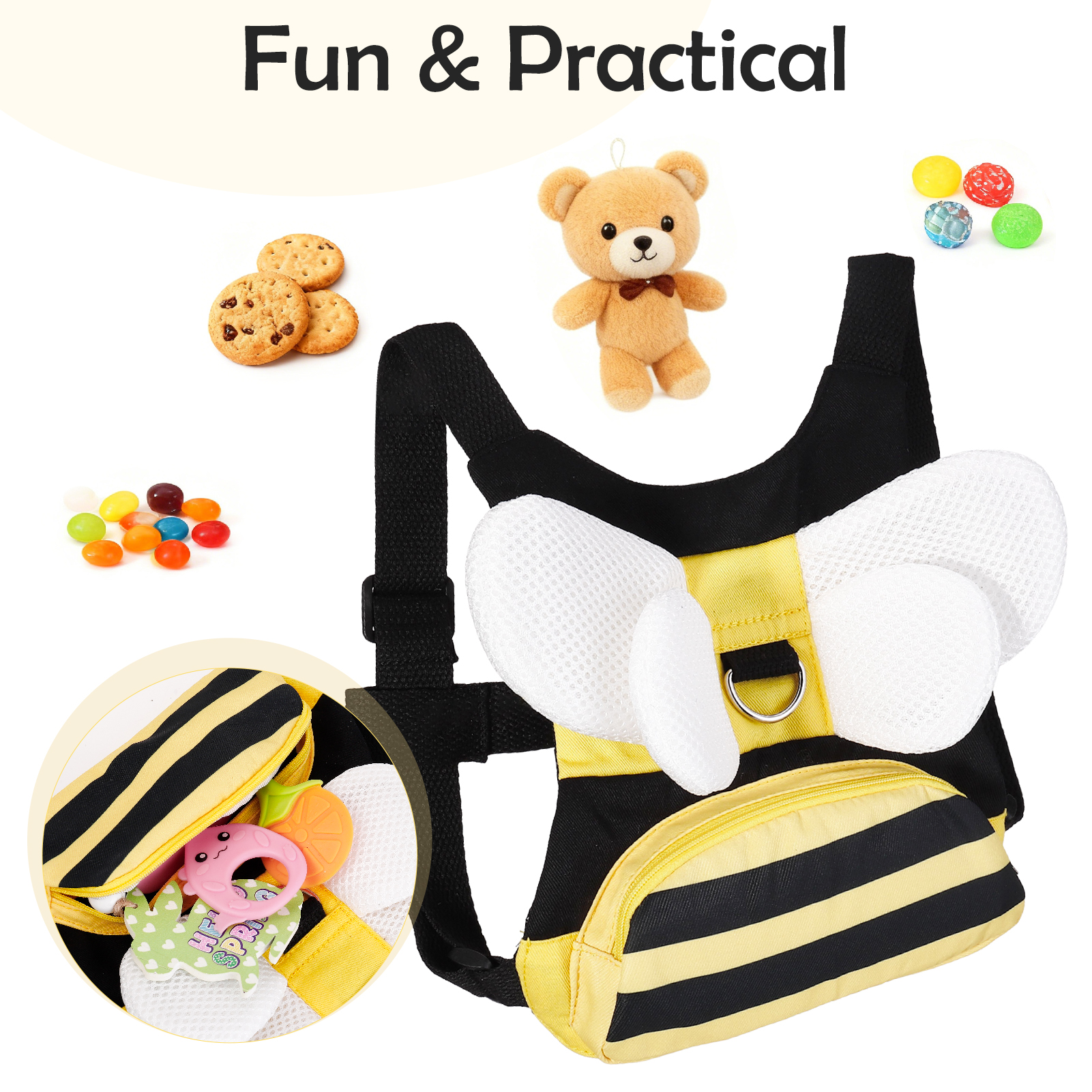 sixwipe 3 in 1 Toddler Harness Leashes + Anti Lost Wrist Link, Cute Bee Kids Harness Backpack with Leash, Child Harness Leash Safety Wristband Strap Belt Protector for Baby Boys Girls to Outdoor