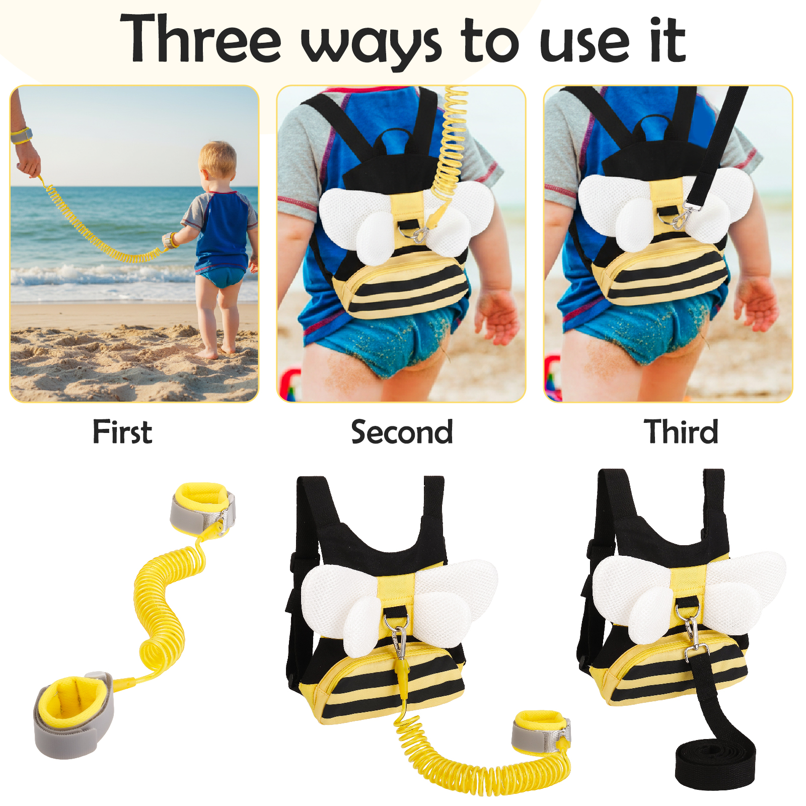 sixwipe 3 in 1 Toddler Harness Leashes + Anti Lost Wrist Link, Cute Bee Kids Harness Backpack with Leash, Child Harness Leash Safety Wristband Strap Belt Protector for Baby Boys Girls to Outdoor