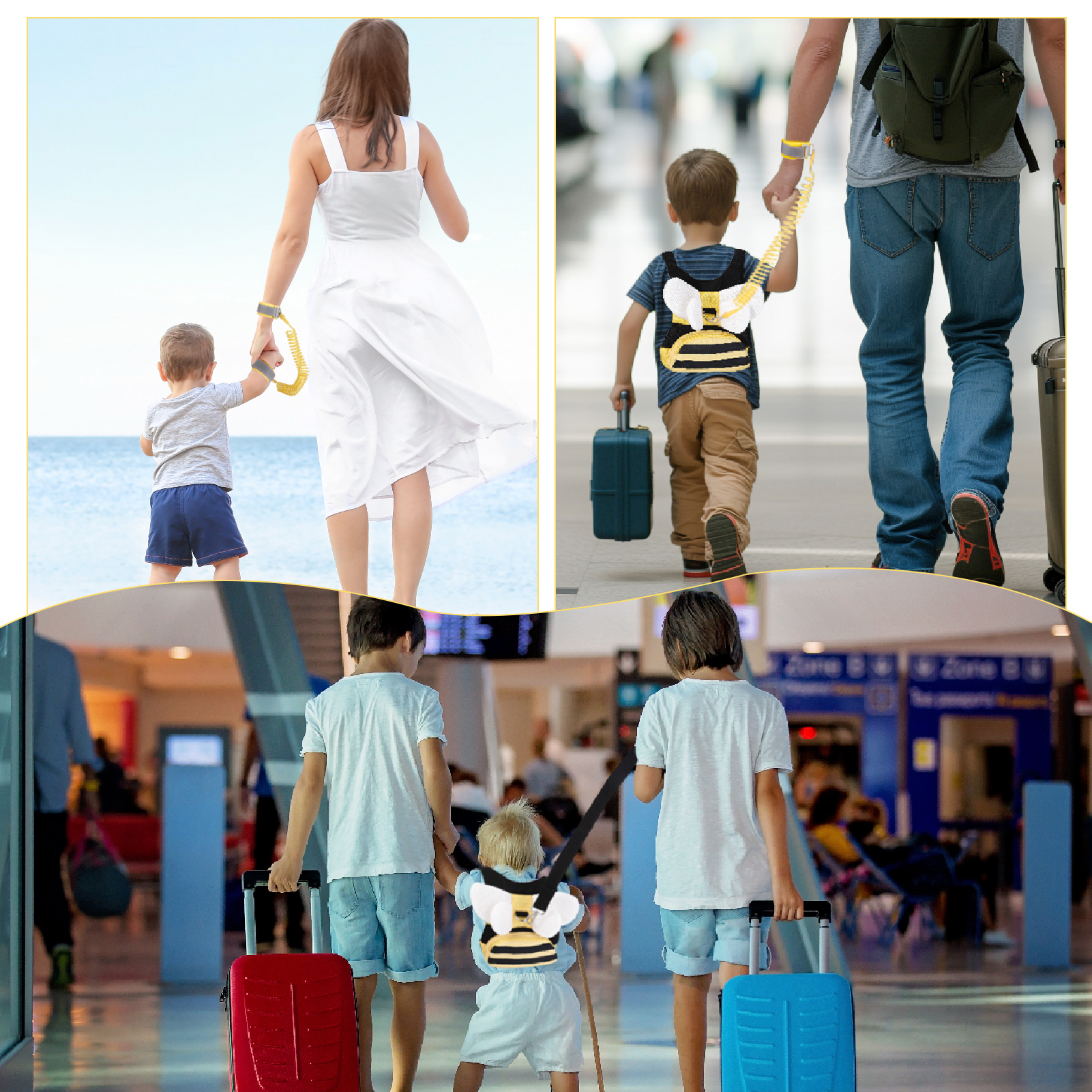 sixwipe 3 in 1 Toddler Harness Leashes + Anti Lost Wrist Link, Cute Bee Kids Harness Backpack with Leash, Child Harness Leash Safety Wristband Strap Belt Protector for Baby Boys Girls to Outdoor