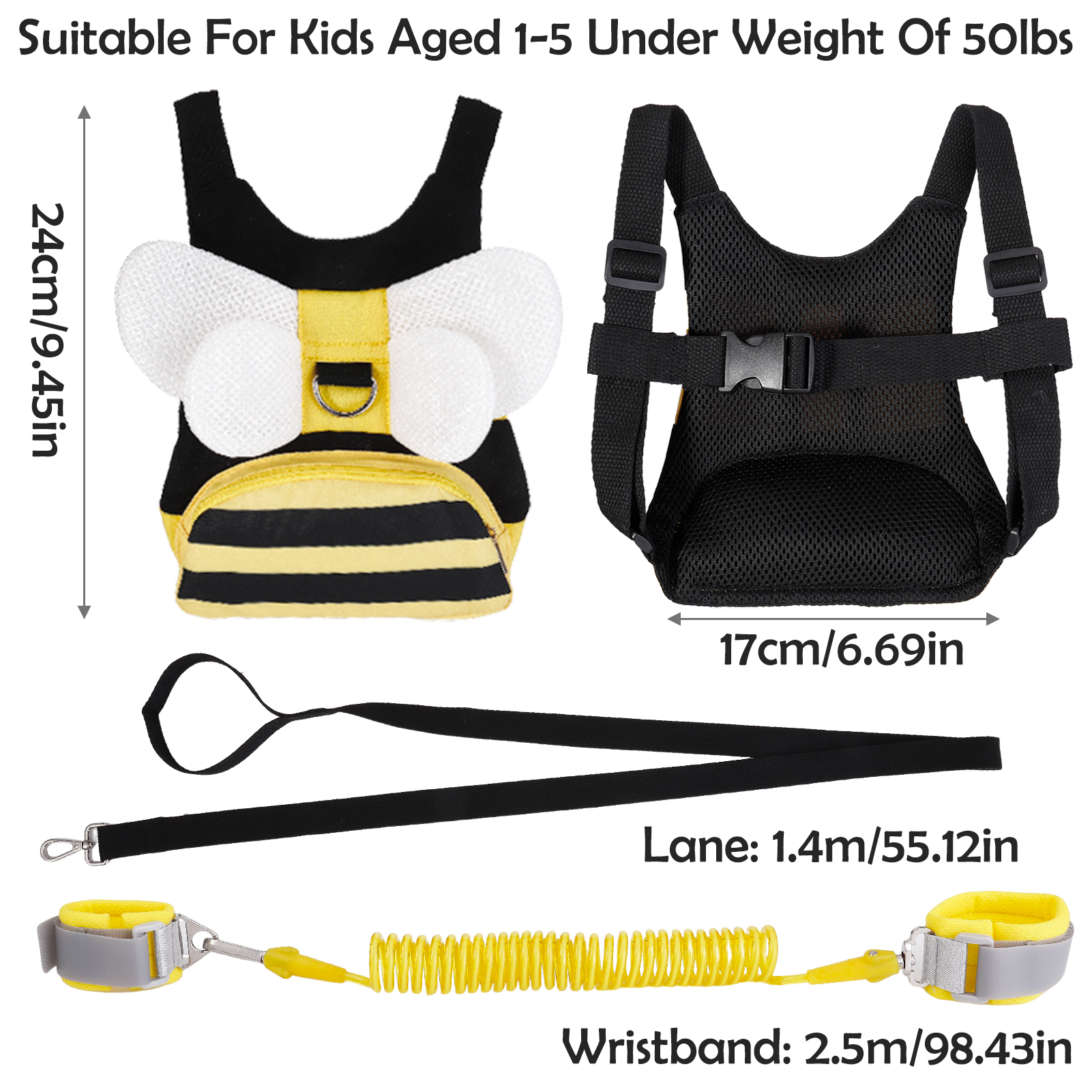 sixwipe 3 in 1 Toddler Harness Leashes + Anti Lost Wrist Link, Cute Bee Kids Harness Backpack with Leash, Child Harness Leash Safety Wristband Strap Belt Protector for Baby Boys Girls to Outdoor