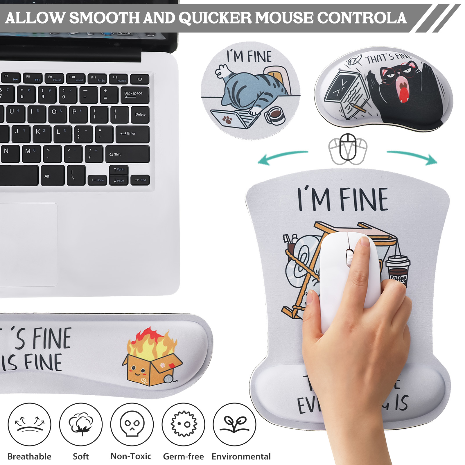 sixwipe Ergonomic Mouse Pad with Wrist Rest, Funny Cute Desk Keyboard Wrist Rest and Computer Wrist Support, No Slip Keyboard Wrist Pad with Coaster for Easy Typing and Hand Pain Relief