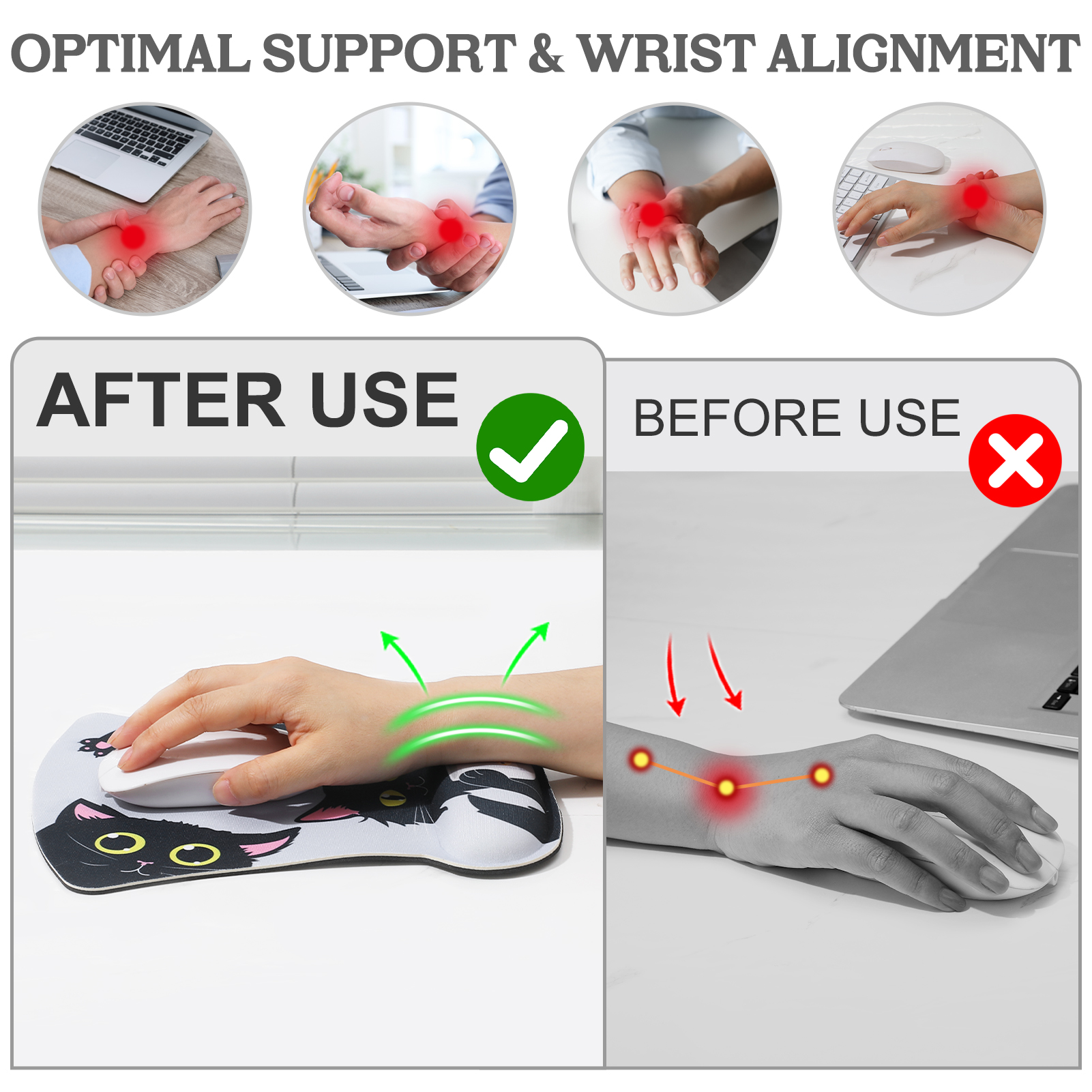 sixwipe Ergonomic Mouse Pad with Wrist Rest, Desk Keyboard Wrist Rest and Computer Wrist Support with Cute Cat Pattern, No Slip Keyboard Wrist Pad with Coaster for Easy Typing and Hand Pain Relief