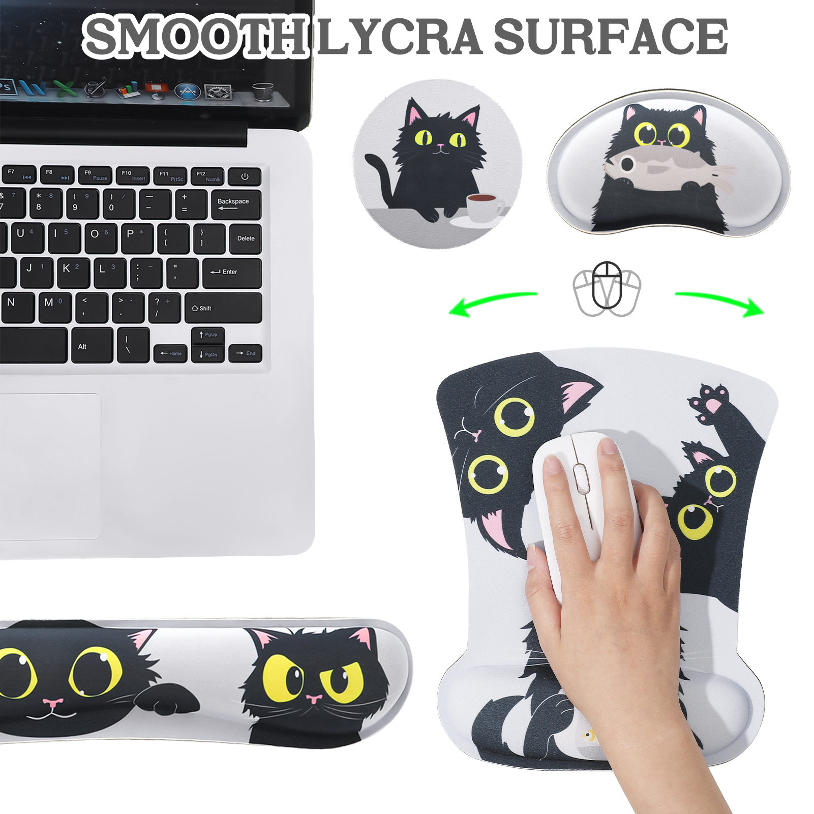 sixwipe Ergonomic Mouse Pad with Wrist Rest, Desk Keyboard Wrist Rest and Computer Wrist Support with Cute Cat Pattern, No Slip Keyboard Wrist Pad with Coaster for Easy Typing and Hand Pain Relief
