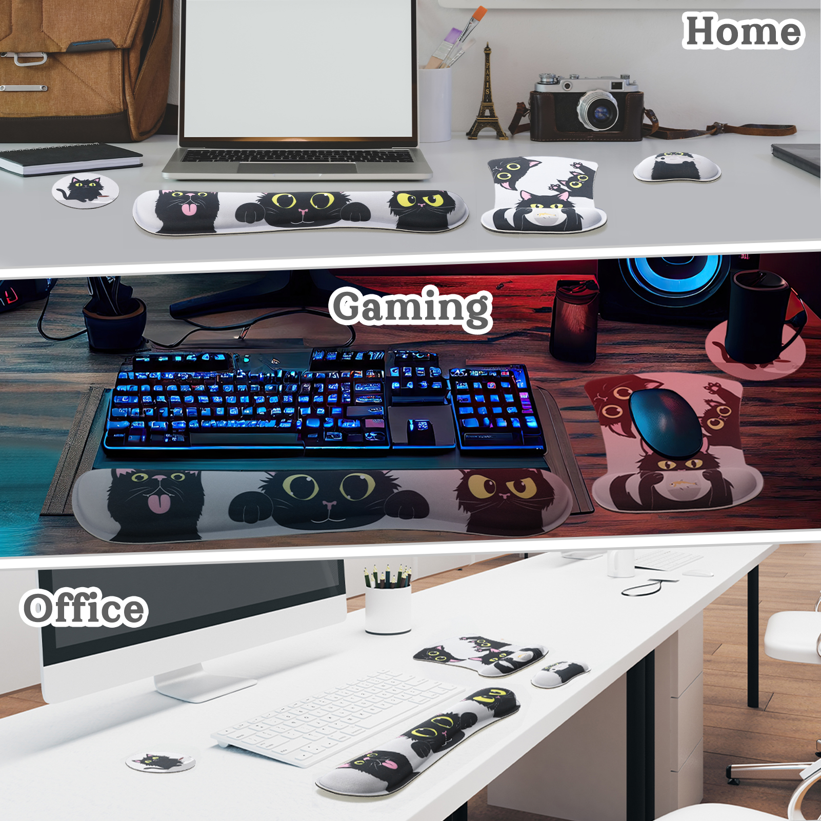 sixwipe Ergonomic Mouse Pad with Wrist Rest, Desk Keyboard Wrist Rest and Computer Wrist Support with Cute Cat Pattern, No Slip Keyboard Wrist Pad with Coaster for Easy Typing and Hand Pain Relief