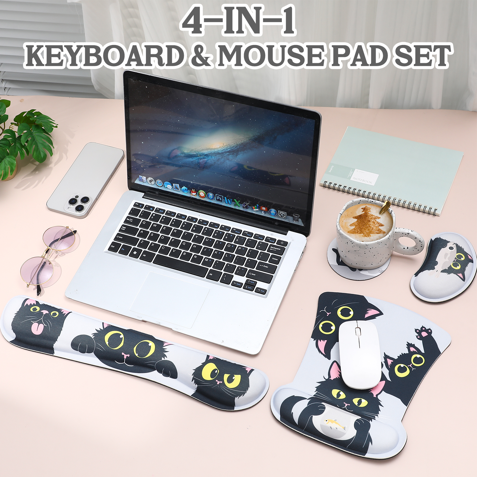 sixwipe Ergonomic Mouse Pad with Wrist Rest, Desk Keyboard Wrist Rest and Computer Wrist Support with Cute Cat Pattern, No Slip Keyboard Wrist Pad with Coaster for Easy Typing and Hand Pain Relief