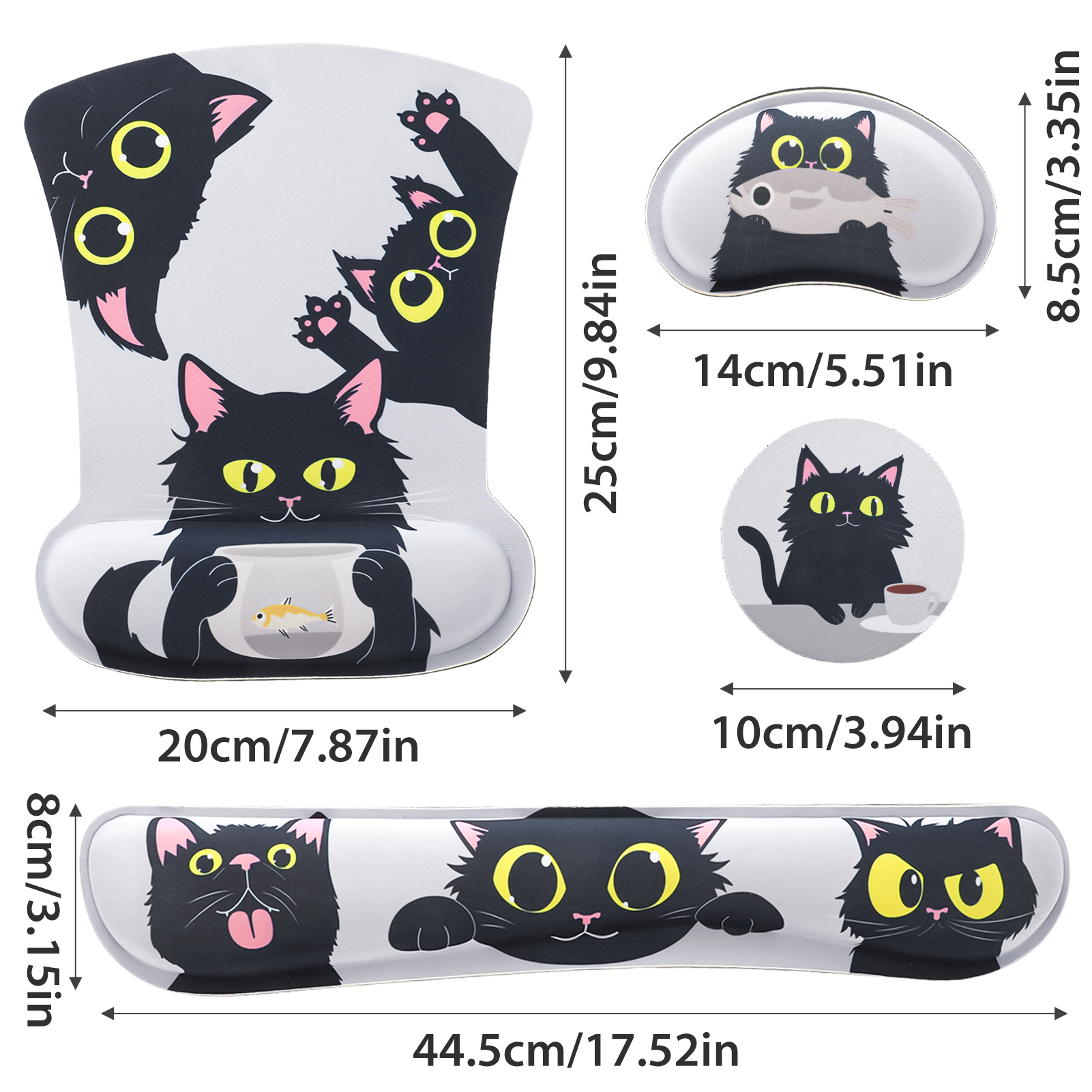 sixwipe Ergonomic Mouse Pad with Wrist Rest, Desk Keyboard Wrist Rest and Computer Wrist Support with Cute Cat Pattern, No Slip Keyboard Wrist Pad with Coaster for Easy Typing and Hand Pain Relief