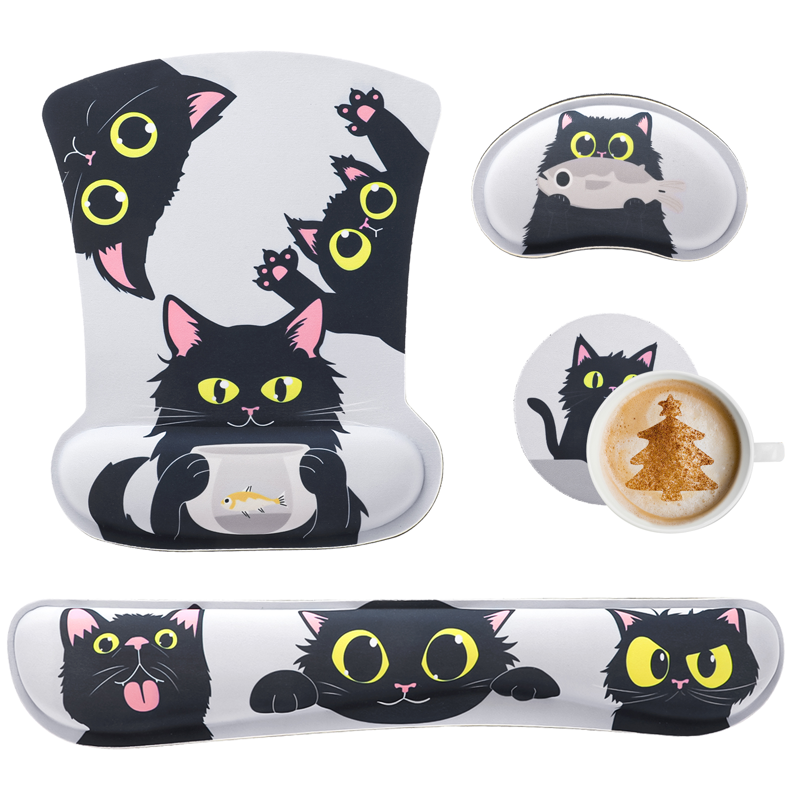 sixwipe Ergonomic Mouse Pad with Wrist Rest, Desk Keyboard Wrist Rest and Computer Wrist Support with Cute Cat Pattern, No Slip Keyboard Wrist Pad with Coaster for Easy Typing and Hand Pain Relief