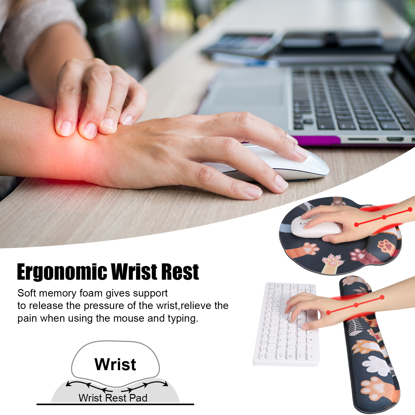 sixwipe Ergonomic Mouse Pad with Wrist Rest, No Slip Keyboard Wrist Rest and Computer Wrist Support, Memory Foam Wrist Pad with Cup Coaster for Keyboard for Easy Typing and Hand Pain Relief