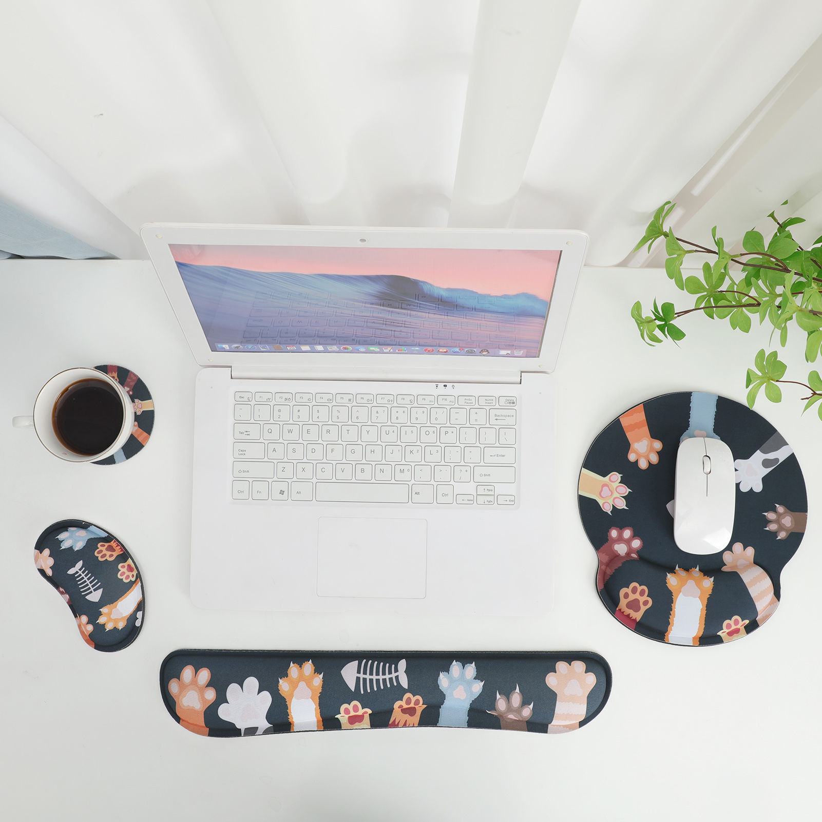 sixwipe Ergonomic Mouse Pad with Wrist Rest, No Slip Keyboard Wrist Rest and Computer Wrist Support, Memory Foam Wrist Pad with Cup Coaster for Keyboard for Easy Typing and Hand Pain Relief