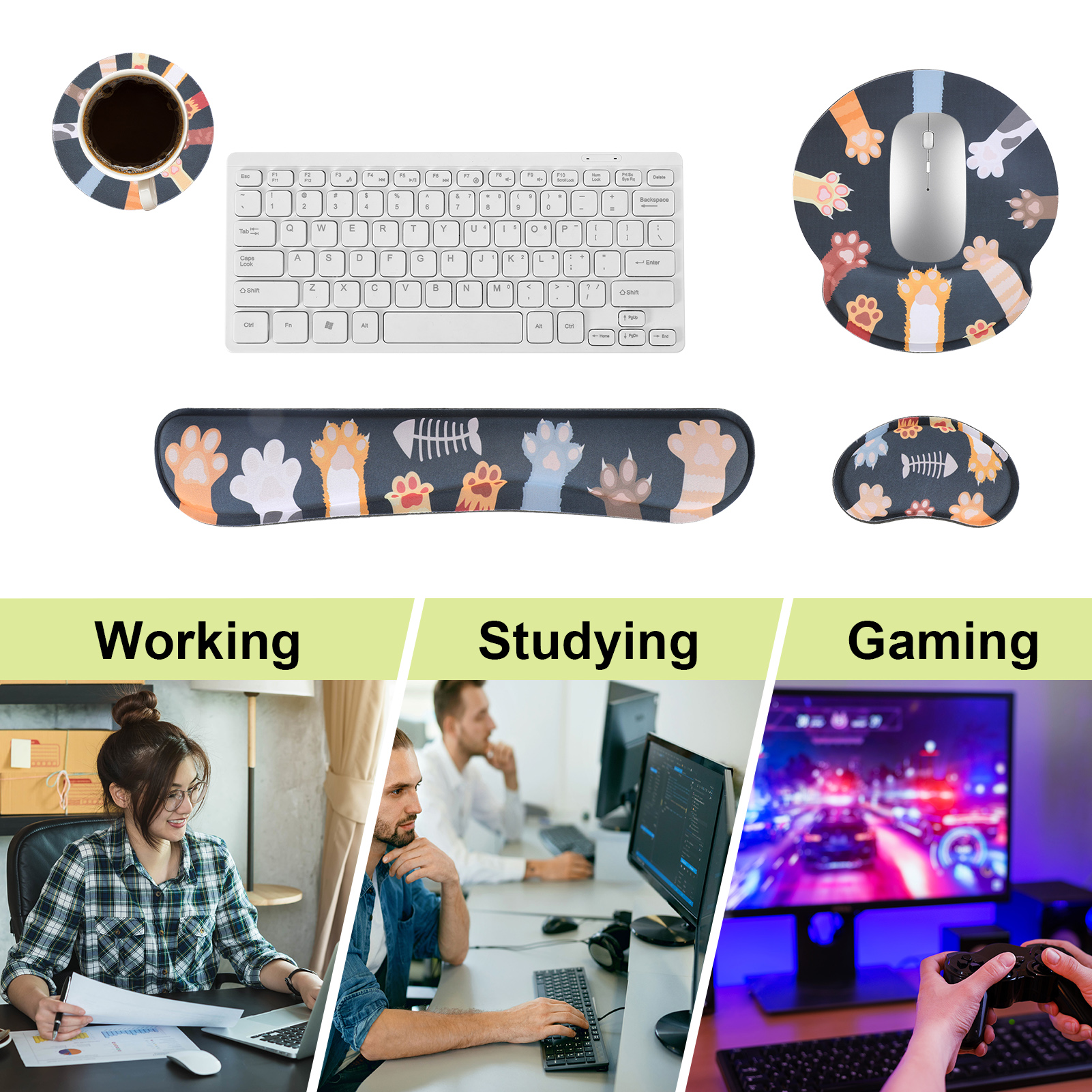 sixwipe Ergonomic Mouse Pad with Wrist Rest, No Slip Keyboard Wrist Rest and Computer Wrist Support, Memory Foam Wrist Pad with Cup Coaster for Keyboard for Easy Typing and Hand Pain Relief