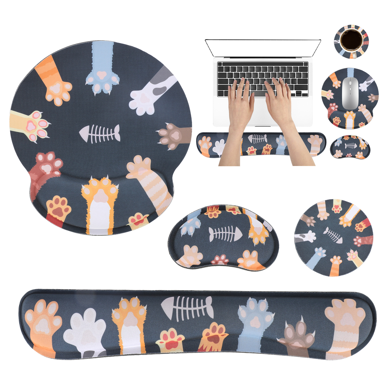 sixwipe Ergonomic Mouse Pad with Wrist Rest, No Slip Keyboard Wrist Rest and Computer Wrist Support, Memory Foam Wrist Pad with Cup Coaster for Keyboard for Easy Typing and Hand Pain Relief