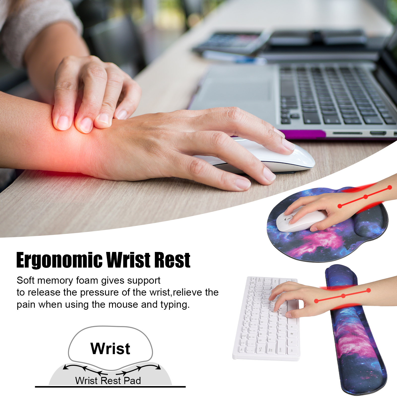 sixwipe Ergonomic Mouse Pad with Wrist Rest, No Slip Keyboard Wrist Rest and Computer Wrist Support, Memory Foam Wrist Pad with Cup Coaster for Keyboard for Easy Typing and Hand Pain Relief