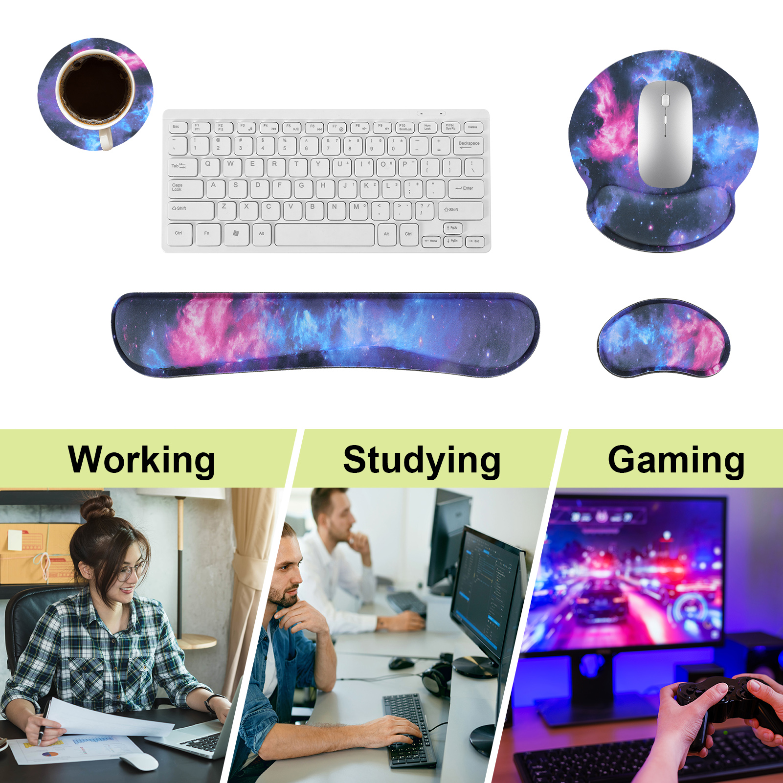 sixwipe Ergonomic Mouse Pad with Wrist Rest, No Slip Keyboard Wrist Rest and Computer Wrist Support, Memory Foam Wrist Pad with Cup Coaster for Keyboard for Easy Typing and Hand Pain Relief