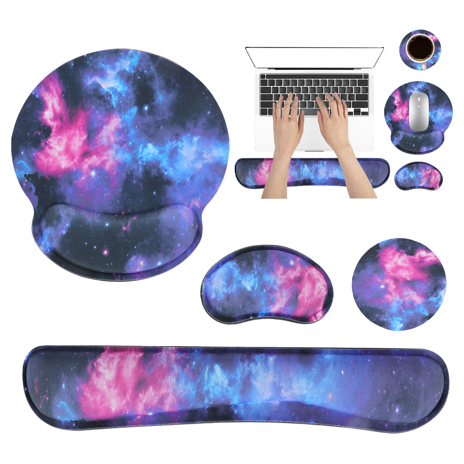 sixwipe Ergonomic Mouse Pad with Wrist Rest, No Slip Keyboard Wrist Rest and Computer Wrist Support, Memory Foam Wrist Pad with Cup Coaster for Keyboard for Easy Typing and Hand Pain Relief