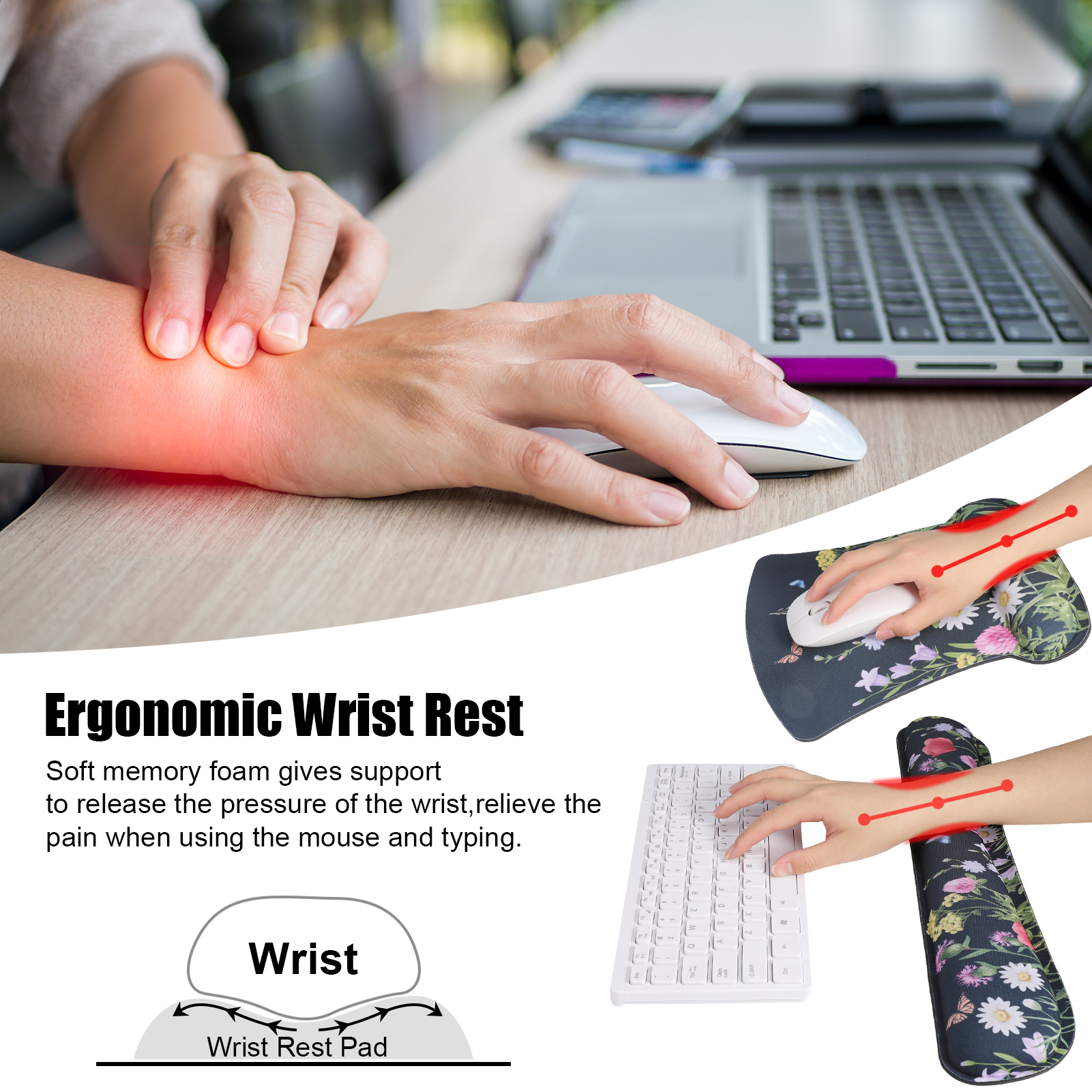 sixwipe Ergonomic Mouse Pad with Wrist Rest, No Slip Desk Keyboard Wrist Rest and Computer Wrist Support, Memory Foam Keyboard Wrist Pad with Cup Coaster for Easy Typing and Hand Pain Relief