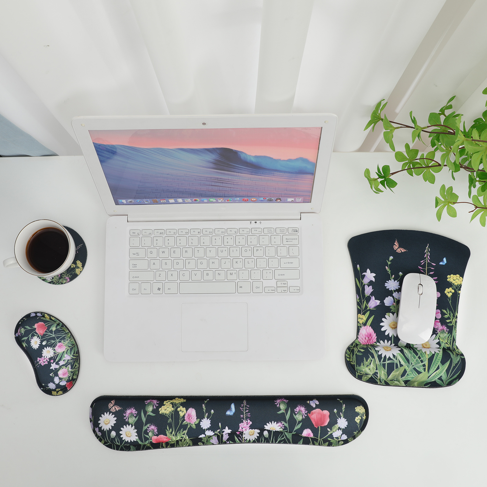 sixwipe Ergonomic Mouse Pad with Wrist Rest, No Slip Desk Keyboard Wrist Rest and Computer Wrist Support, Memory Foam Keyboard Wrist Pad with Cup Coaster for Easy Typing and Hand Pain Relief