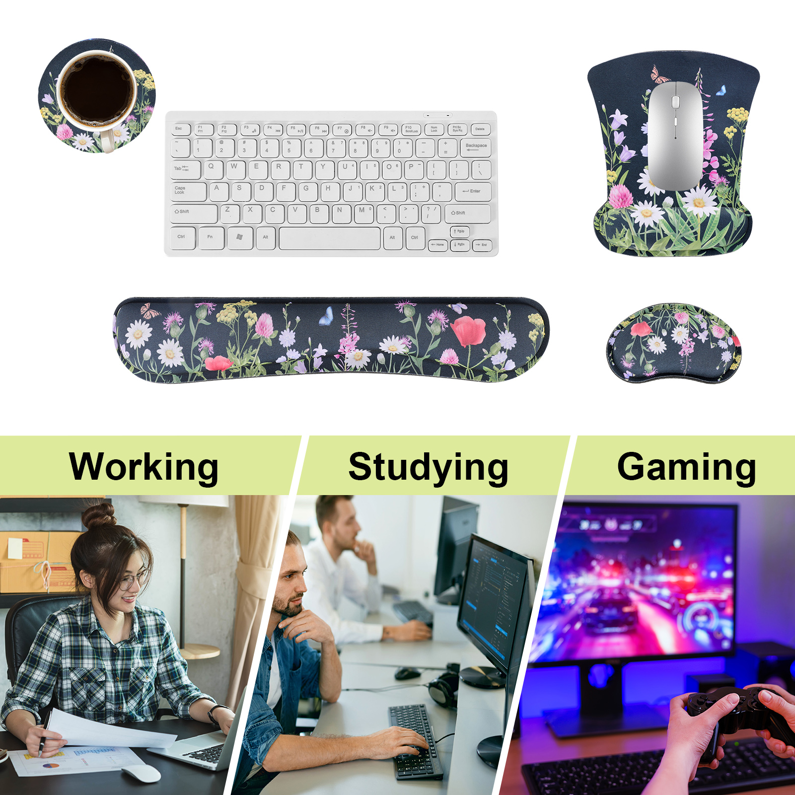 sixwipe Ergonomic Mouse Pad with Wrist Rest, No Slip Desk Keyboard Wrist Rest and Computer Wrist Support, Memory Foam Keyboard Wrist Pad with Cup Coaster for Easy Typing and Hand Pain Relief