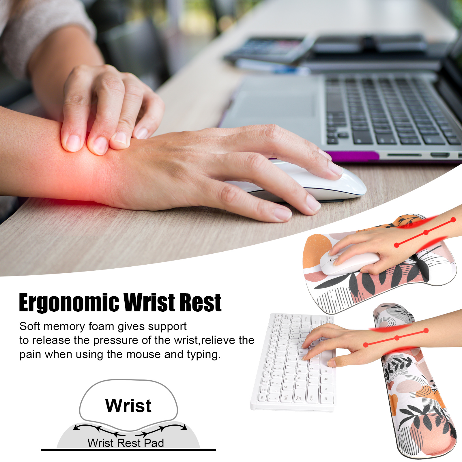 sixwipe Ergonomic Mouse Pad with Wrist Rest, No Slip Keyboard Wrist Rest and Computer Wrist Support, Memory Foam Wrist Pad with Cup Coaster for Keyboard for Easy Typing and Hand Pain Relief