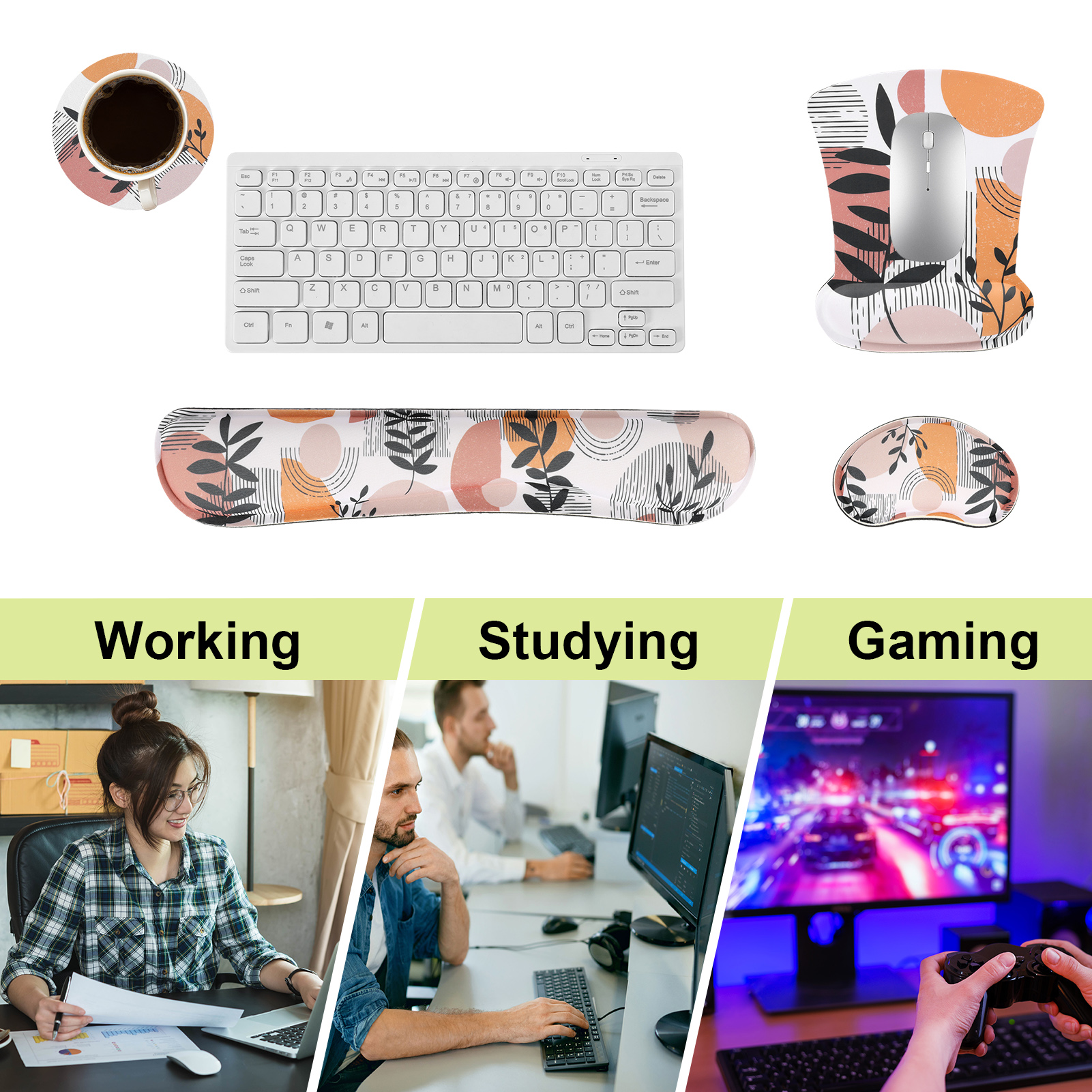 sixwipe Ergonomic Mouse Pad with Wrist Rest, No Slip Keyboard Wrist Rest and Computer Wrist Support, Memory Foam Wrist Pad with Cup Coaster for Keyboard for Easy Typing and Hand Pain Relief