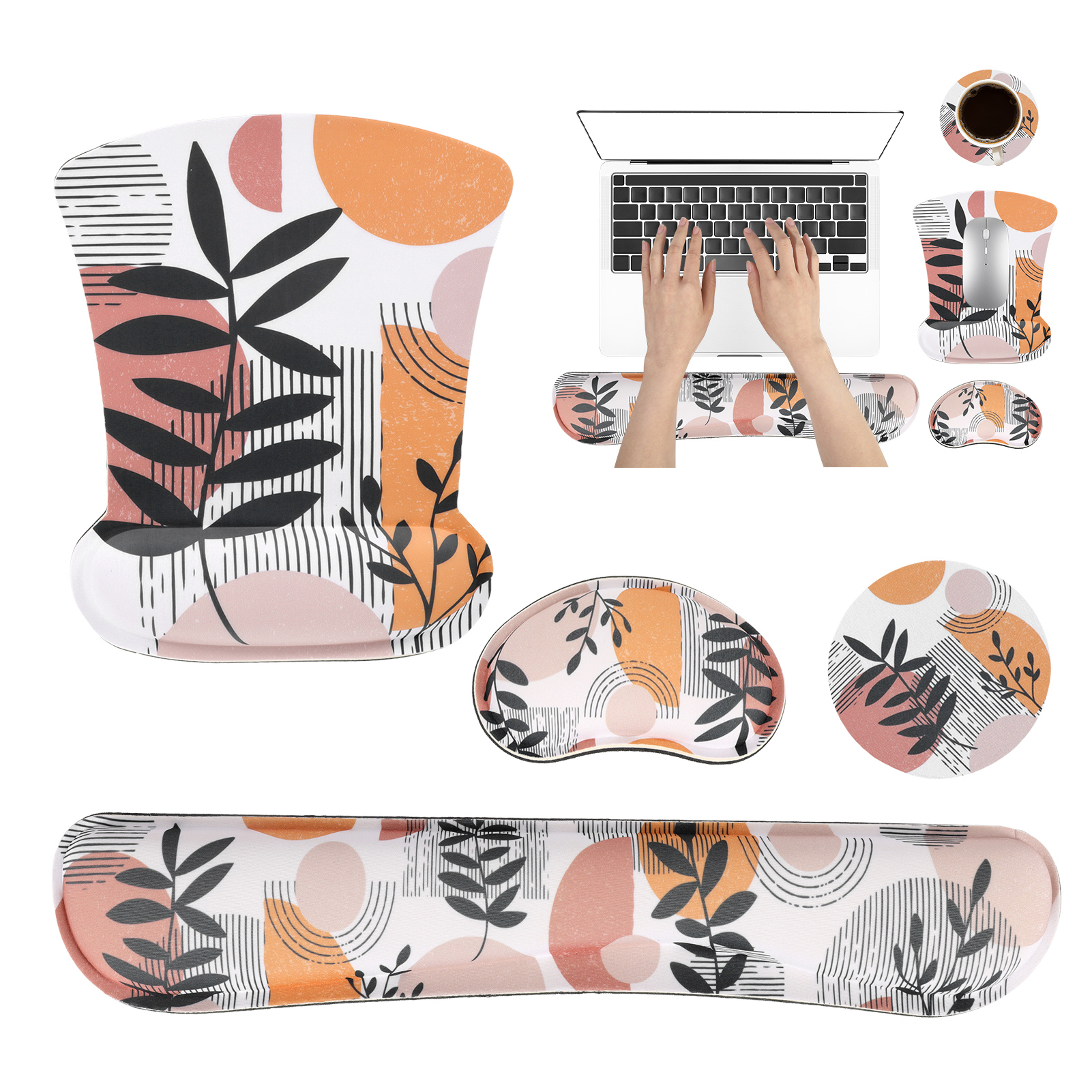 sixwipe Ergonomic Mouse Pad with Wrist Rest, No Slip Keyboard Wrist Rest and Computer Wrist Support, Memory Foam Wrist Pad with Cup Coaster for Keyboard for Easy Typing and Hand Pain Relief