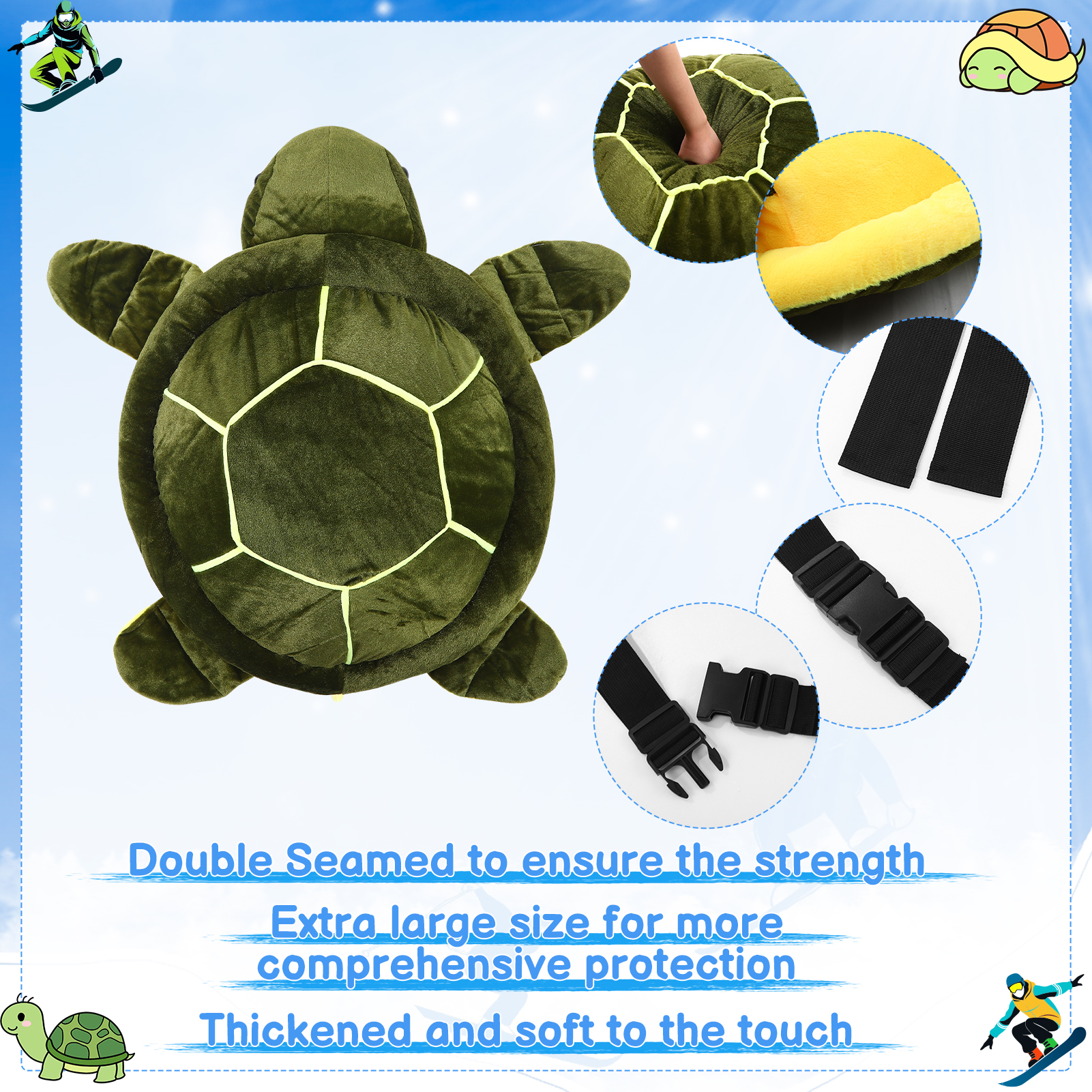 Bocaoying Large Turtle Butt Pad Snowboarding, Cute Protection Hip Butt Pad Protective Gear for Skiing, 43 inches Snowboard Padded, Turtle Hip Tailbone Protection for Adults Women Men Ski Ice Skating
