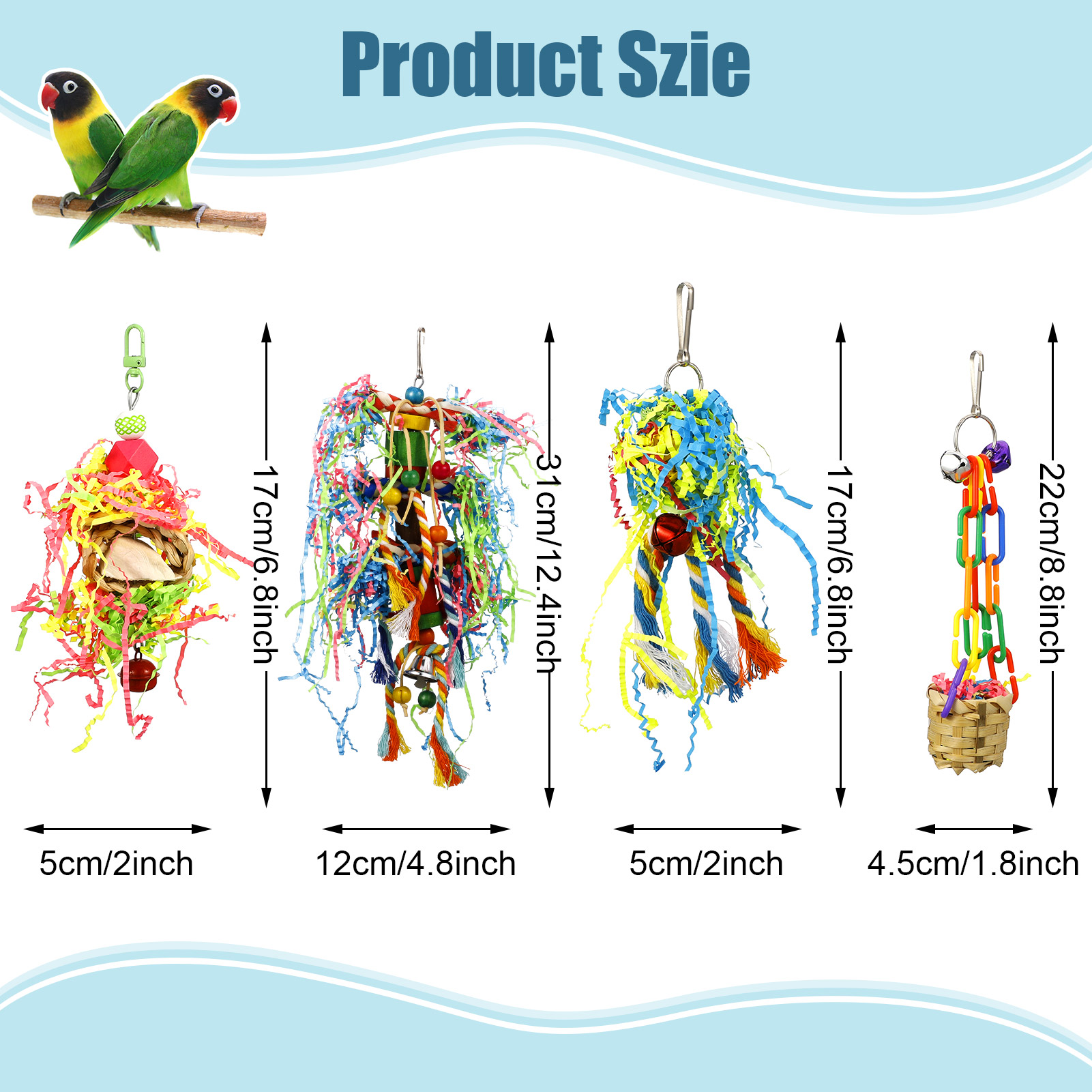 Armscye 4 Pack Bird Shredding Toys, Parrots Chewing Hanging Foraging Toys Parrots Cage Shredder Toys Birds Budgies Cage Accessories for Small Parakeets, Conures, Love Birds, Finches