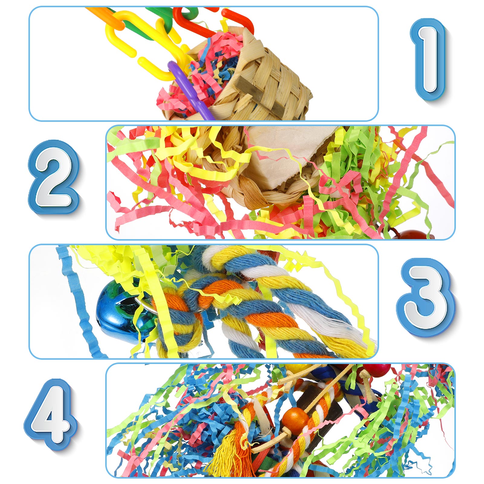Armscye 4 Pack Bird Shredding Toys, Parrots Chewing Hanging Foraging Toys Parrots Cage Shredder Toys Birds Budgies Cage Accessories for Small Parakeets, Conures, Love Birds, Finches