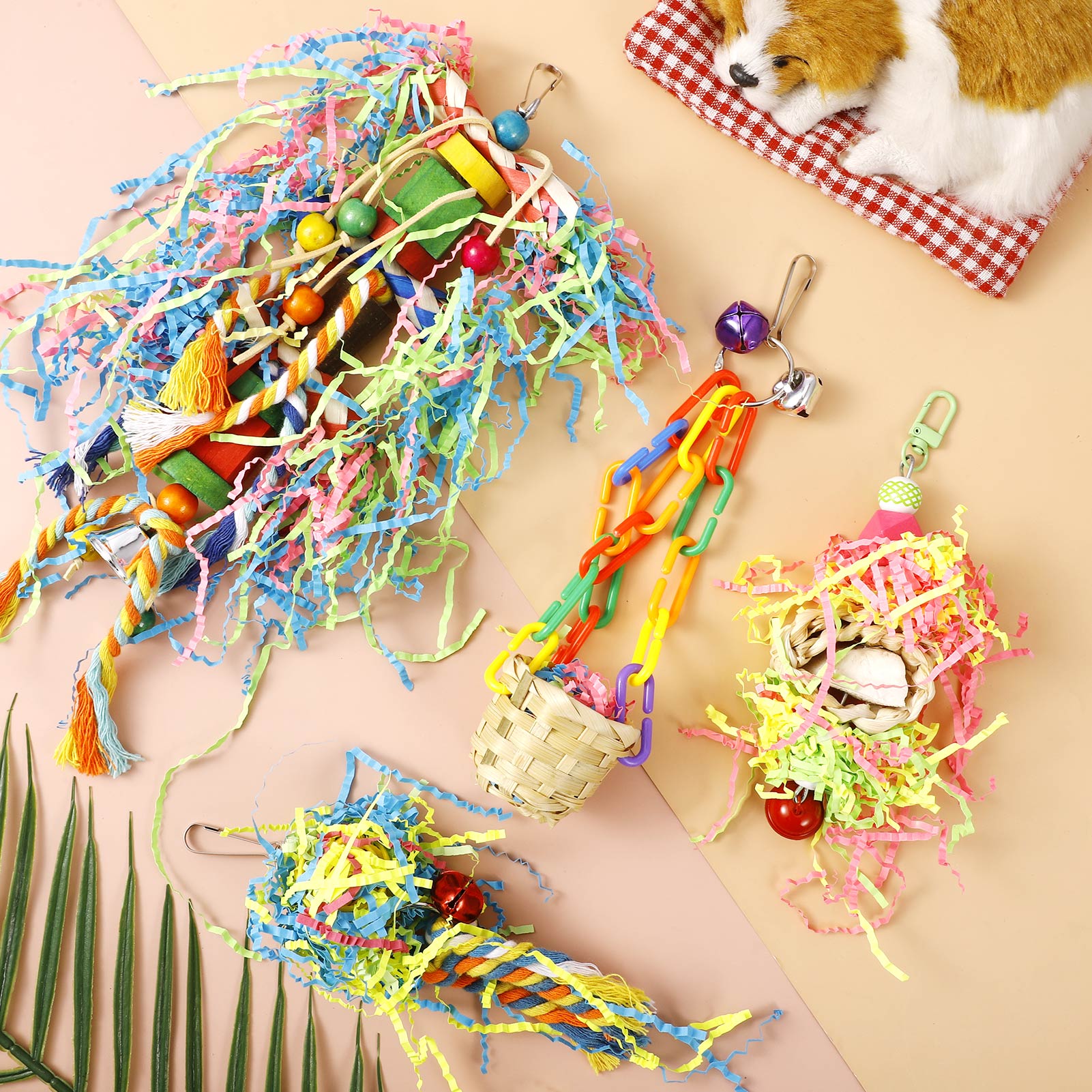 Armscye 4 Pack Bird Shredding Toys, Parrots Chewing Hanging Foraging Toys Parrots Cage Shredder Toys Birds Budgies Cage Accessories for Small Parakeets, Conures, Love Birds, Finches