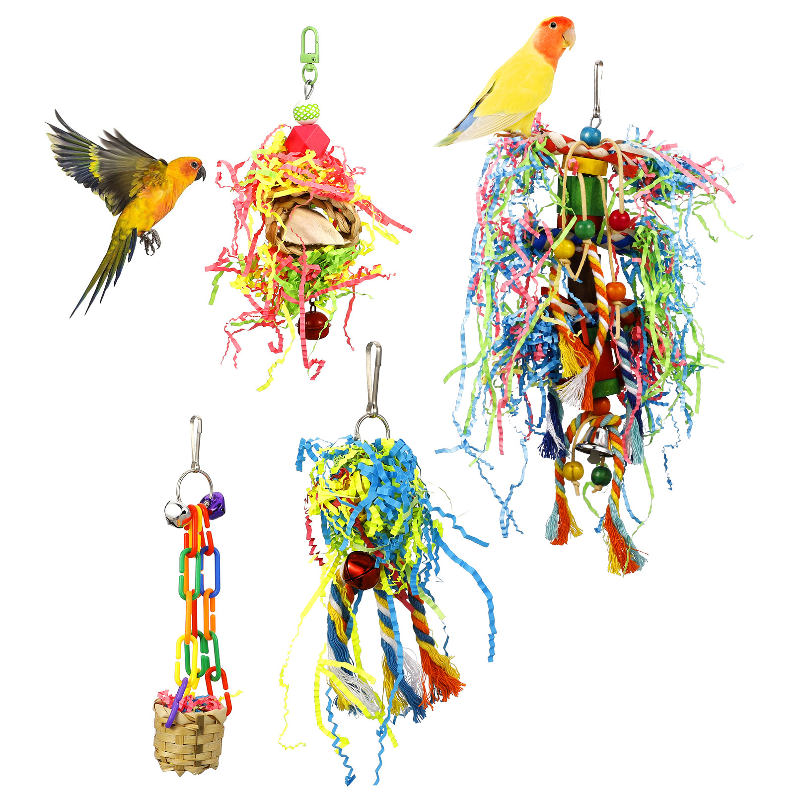 Armscye 4 Pack Bird Shredding Toys, Parrots Chewing Hanging Foraging Toys Parrots Cage Shredder Toys Birds Budgies Cage Accessories for Small Parakeets, Conures, Love Birds, Finches