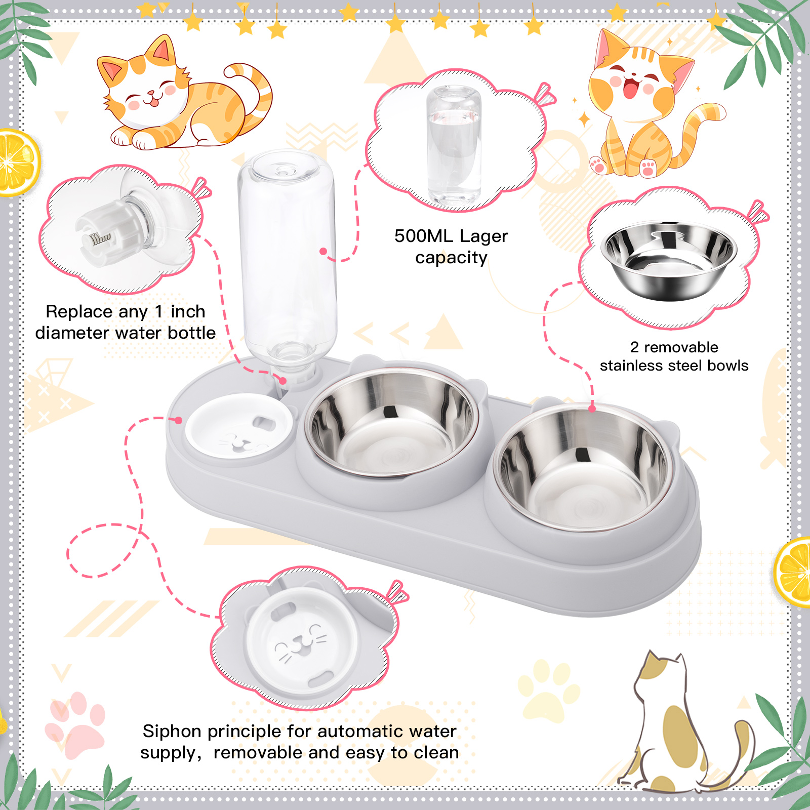 Abaima Stainless Steel Cat Food Bowl and Water Bowl Set, 3 in 1 Tilted Raised Cat Food Bowls for Indoor Cats, Whisker Friendly Cute Cat Bowl Double Feeder and Automatic Waterer